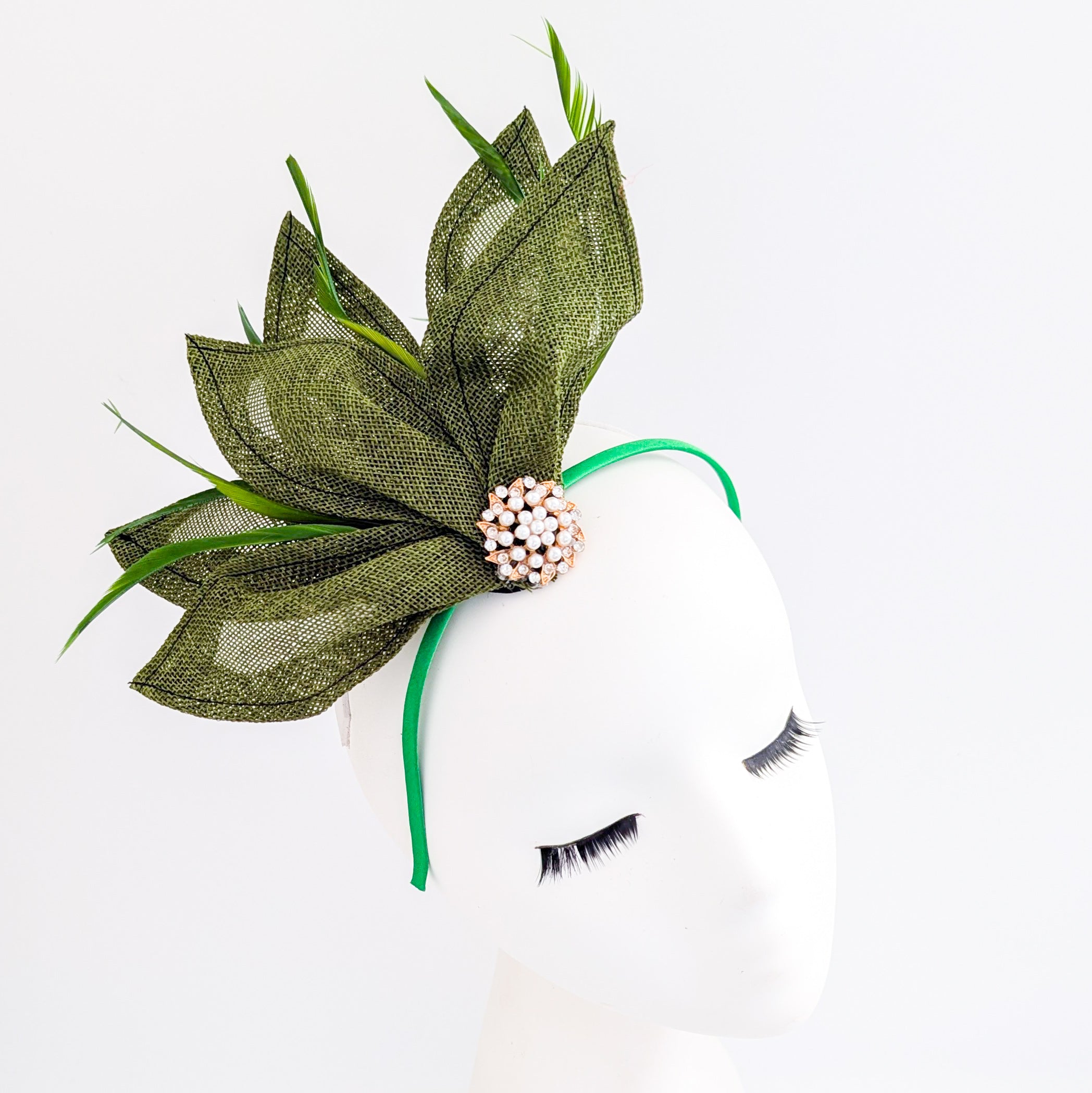 Moss green feather petal fan fascinator hat