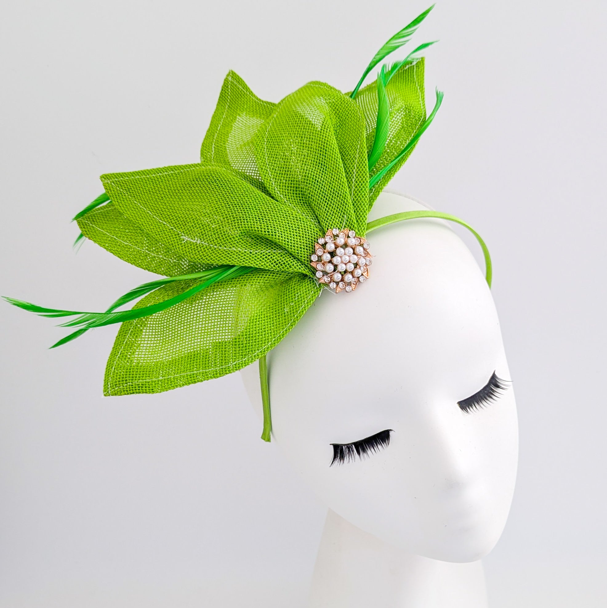 Matcha lime green feather petal fan fascinator hat