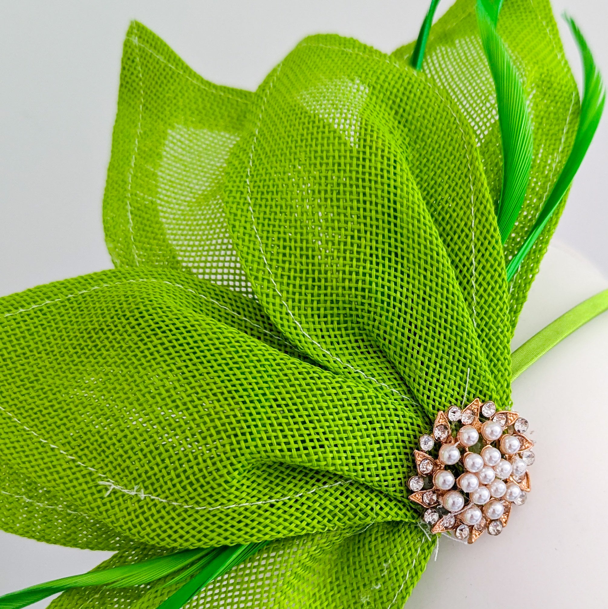 Matcha lime green feather petal fan fascinator hat