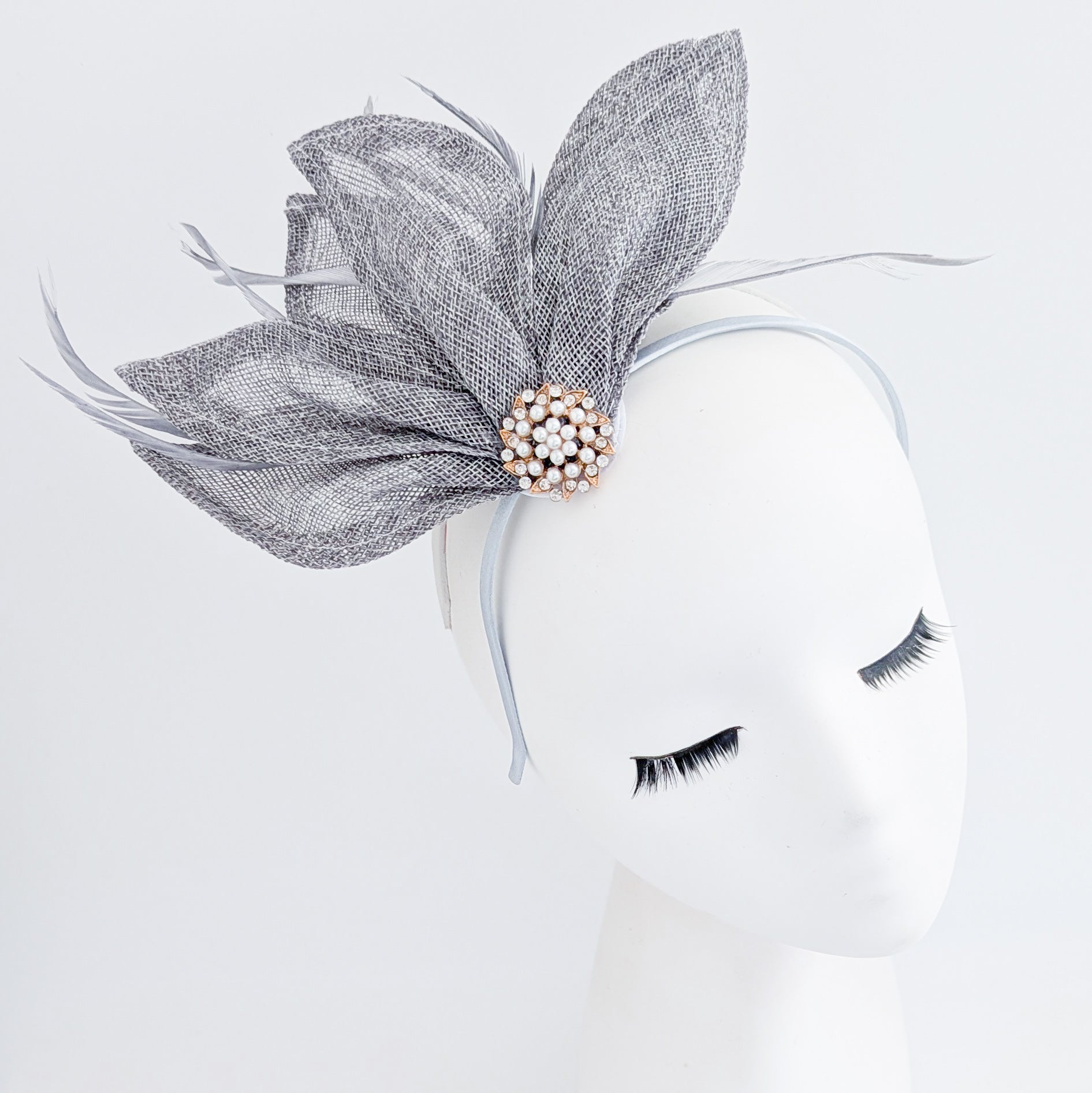 Grey feather petal fan fascinator hat