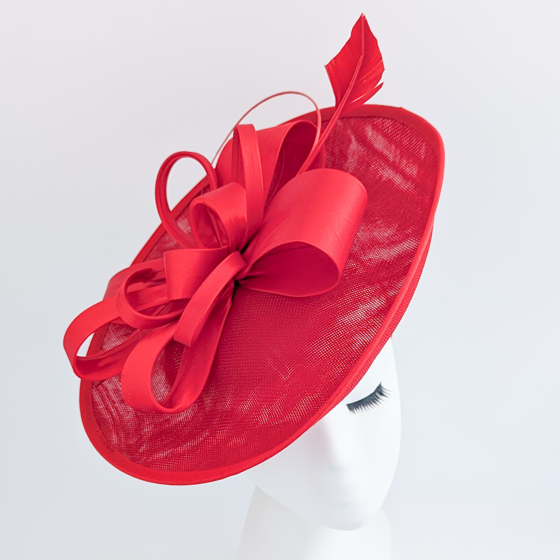 Red feather large saucer disc fascinator hat
