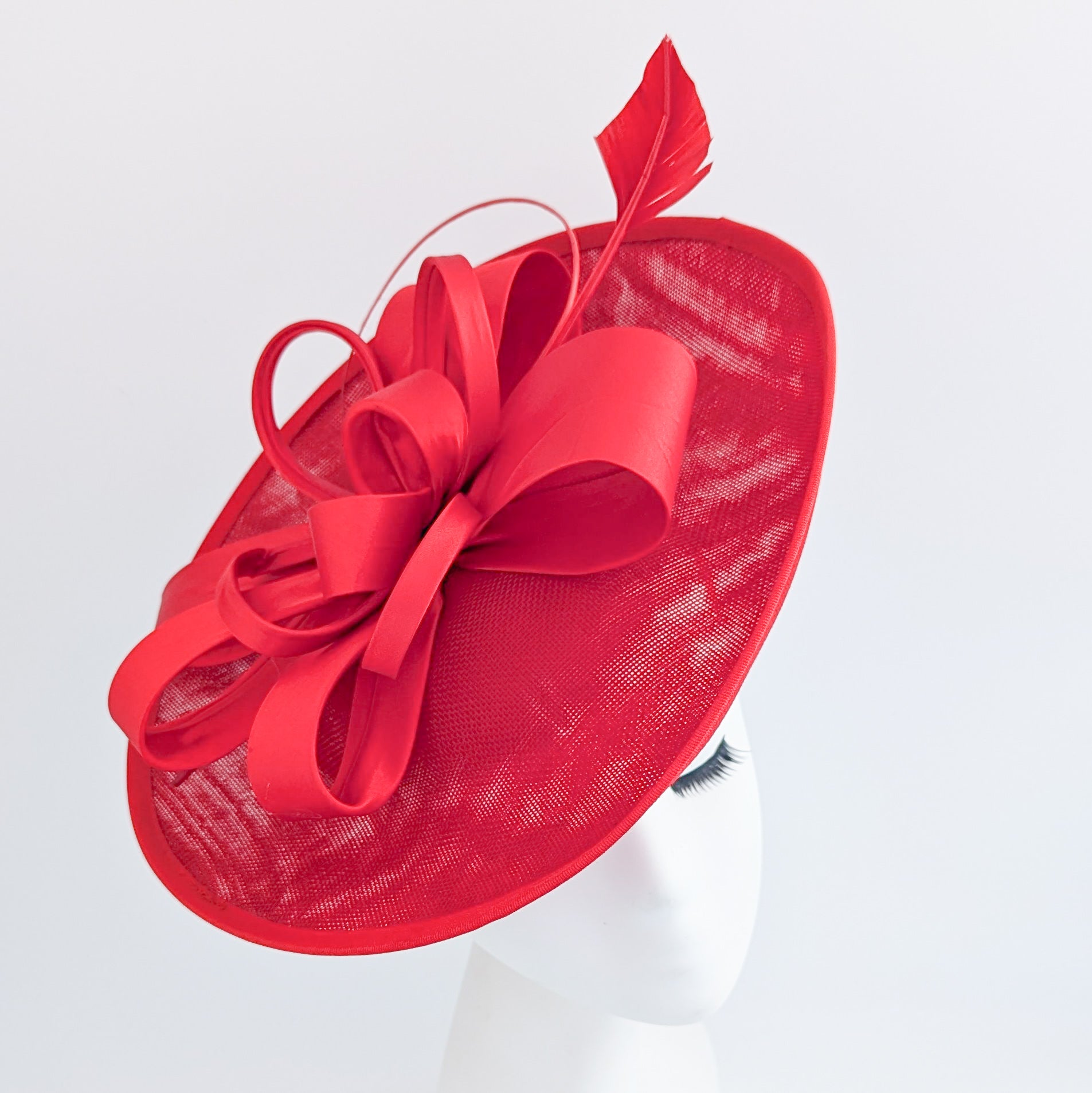 Red feather large saucer disc fascinator hat