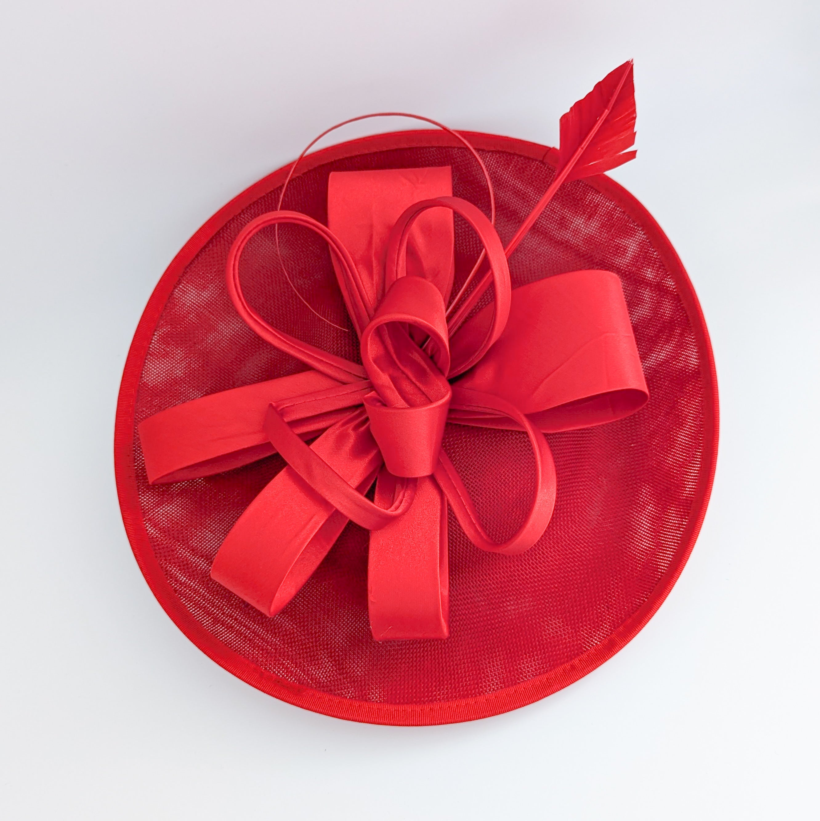 Red feather large saucer disc fascinator hat