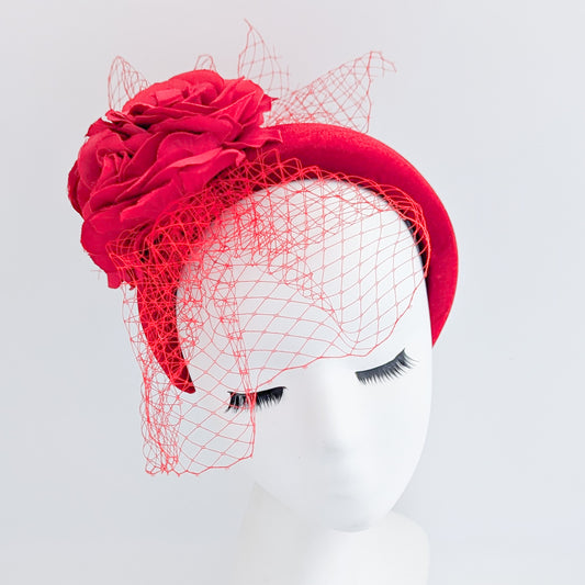 Red flower padded velvet headband fascinator