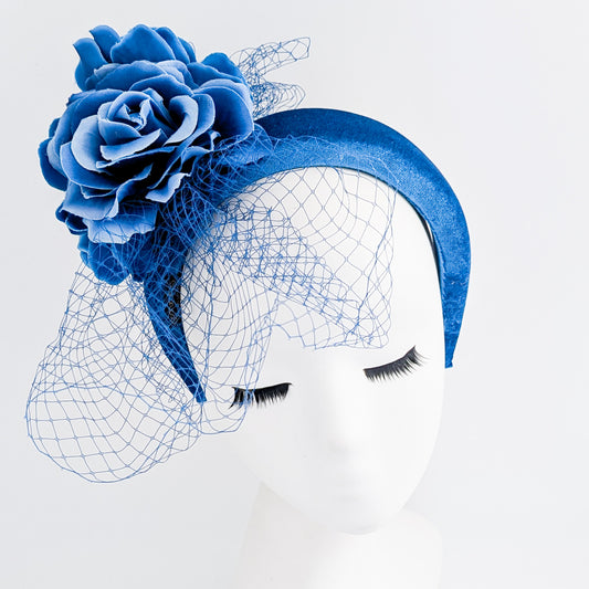 Royal blue flower padded velvet headband fascinator