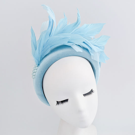 Light cornflower blue feather padded velvet headband fascinator