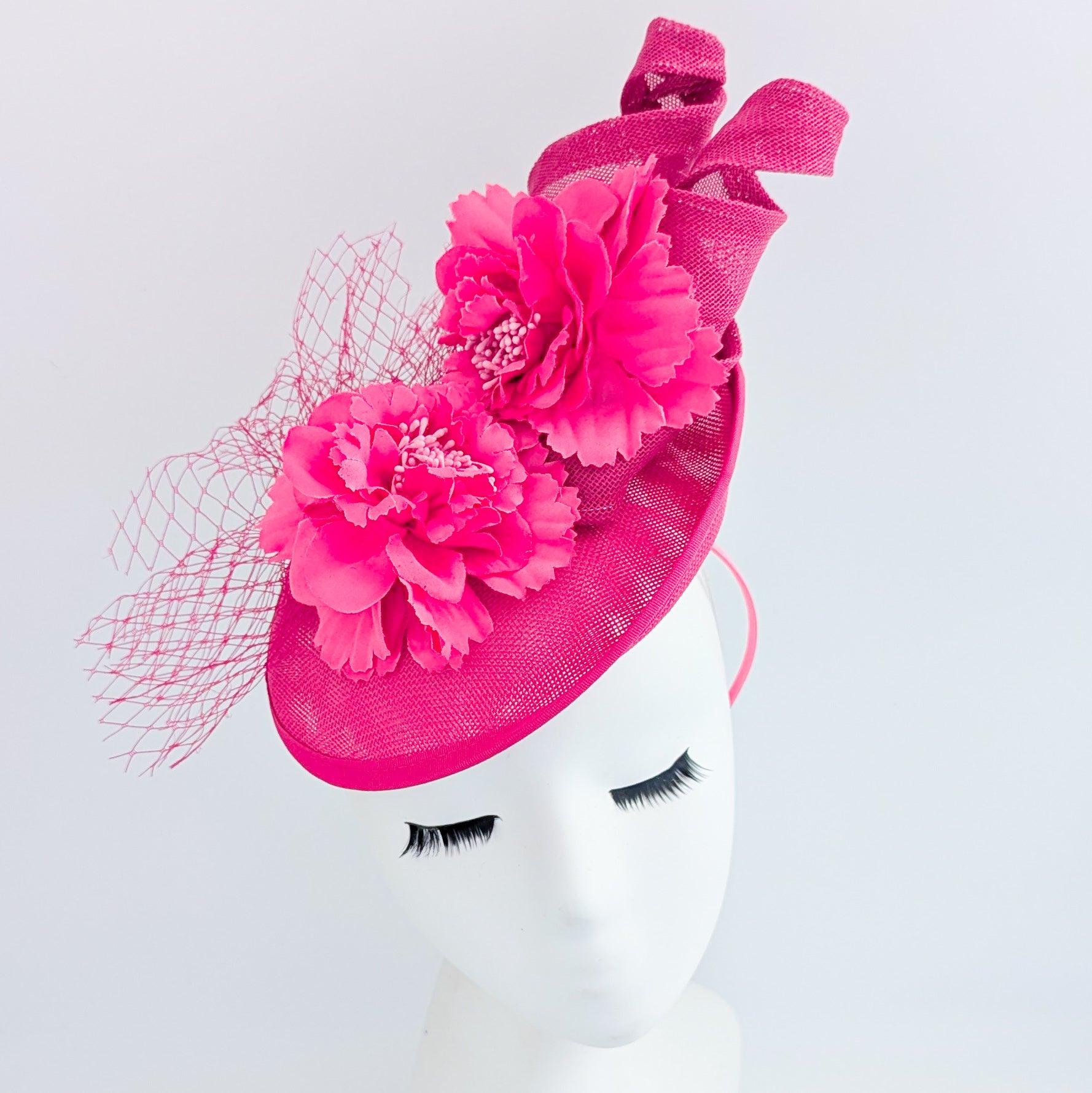 Fuchsia pink flower fascinator disc saucer hat