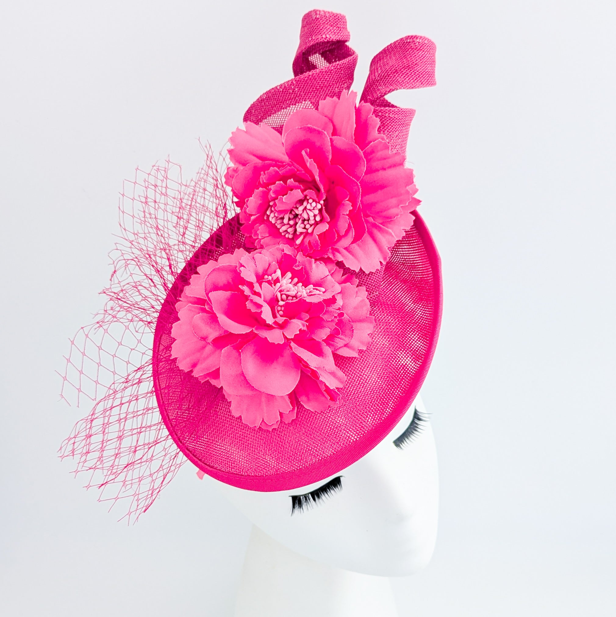 Fuchsia pink flower fascinator disc saucer hat