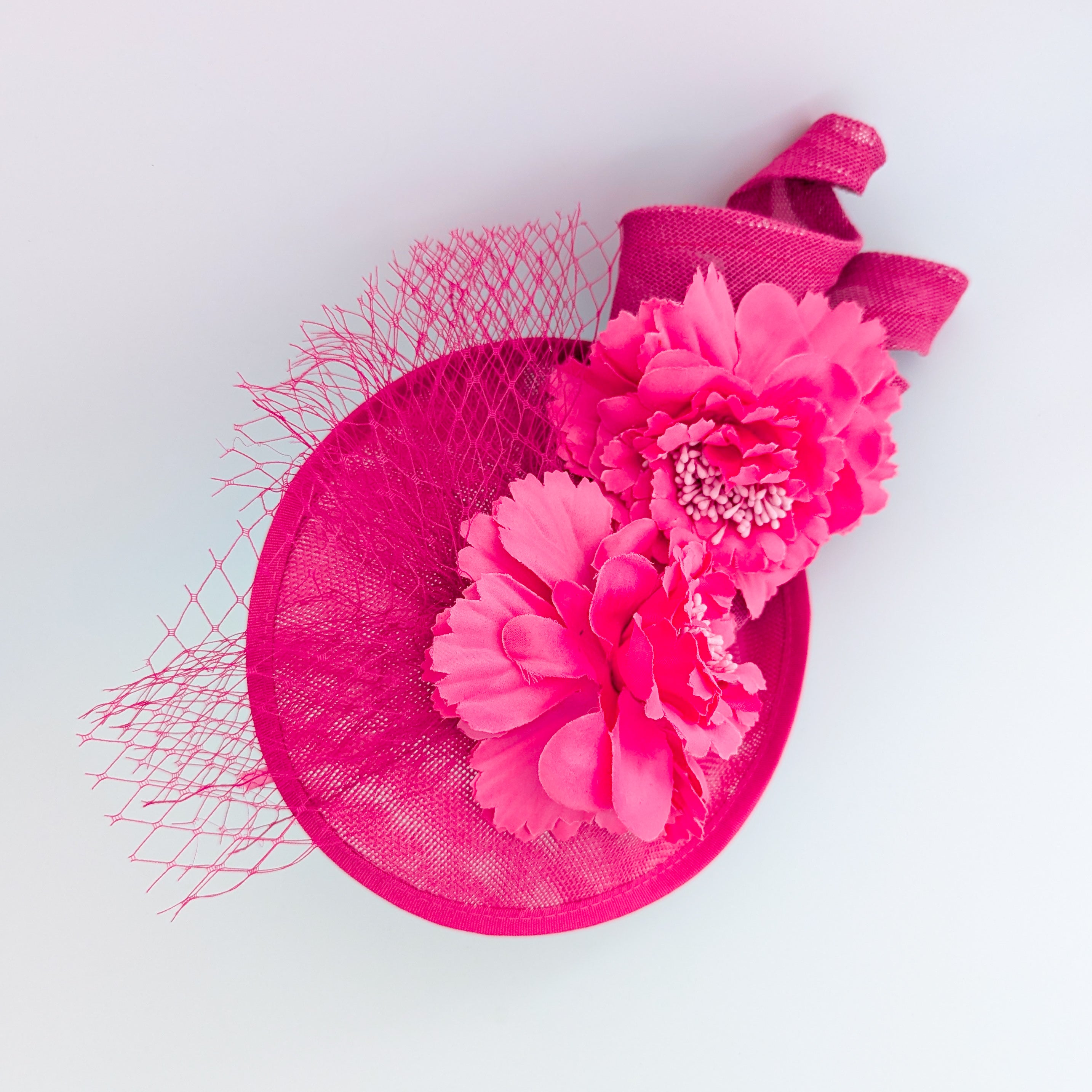 Fuchsia pink flower fascinator disc saucer hat