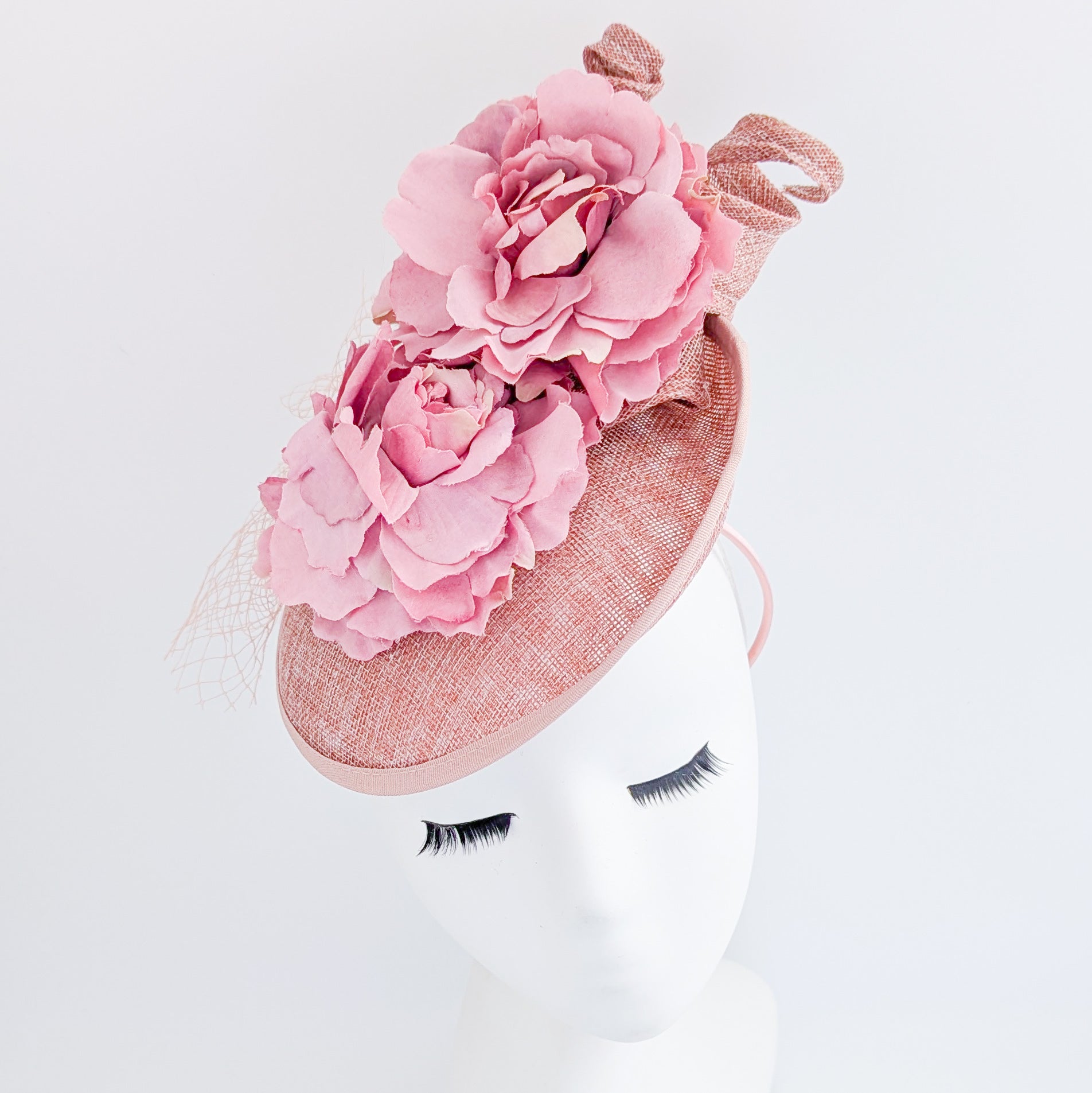 Blush pink flower fascinator disc saucer hat