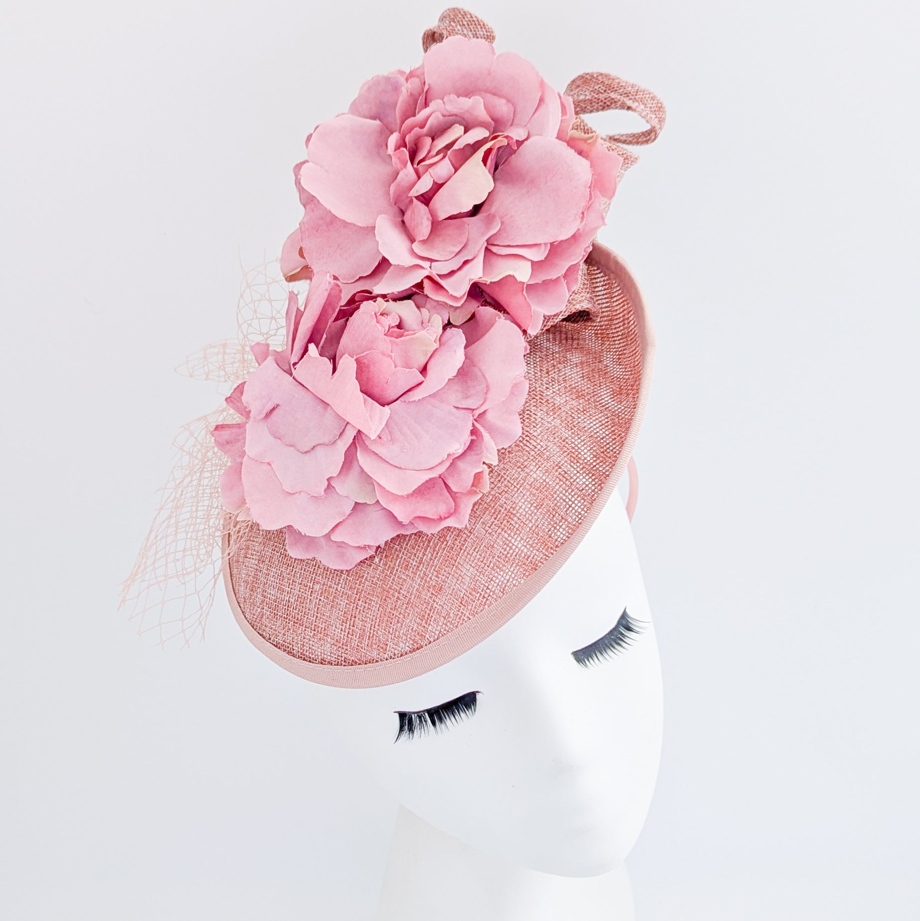 Blush pink flower fascinator disc saucer hat