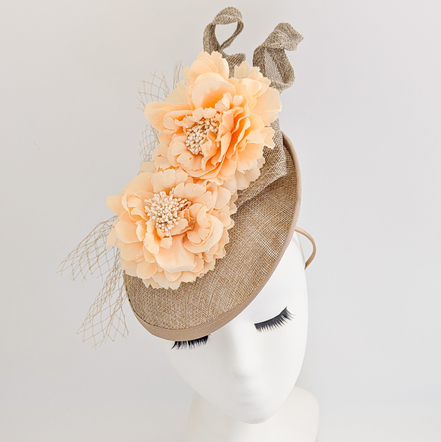 Caramel beige flower fascinator disc saucer hat