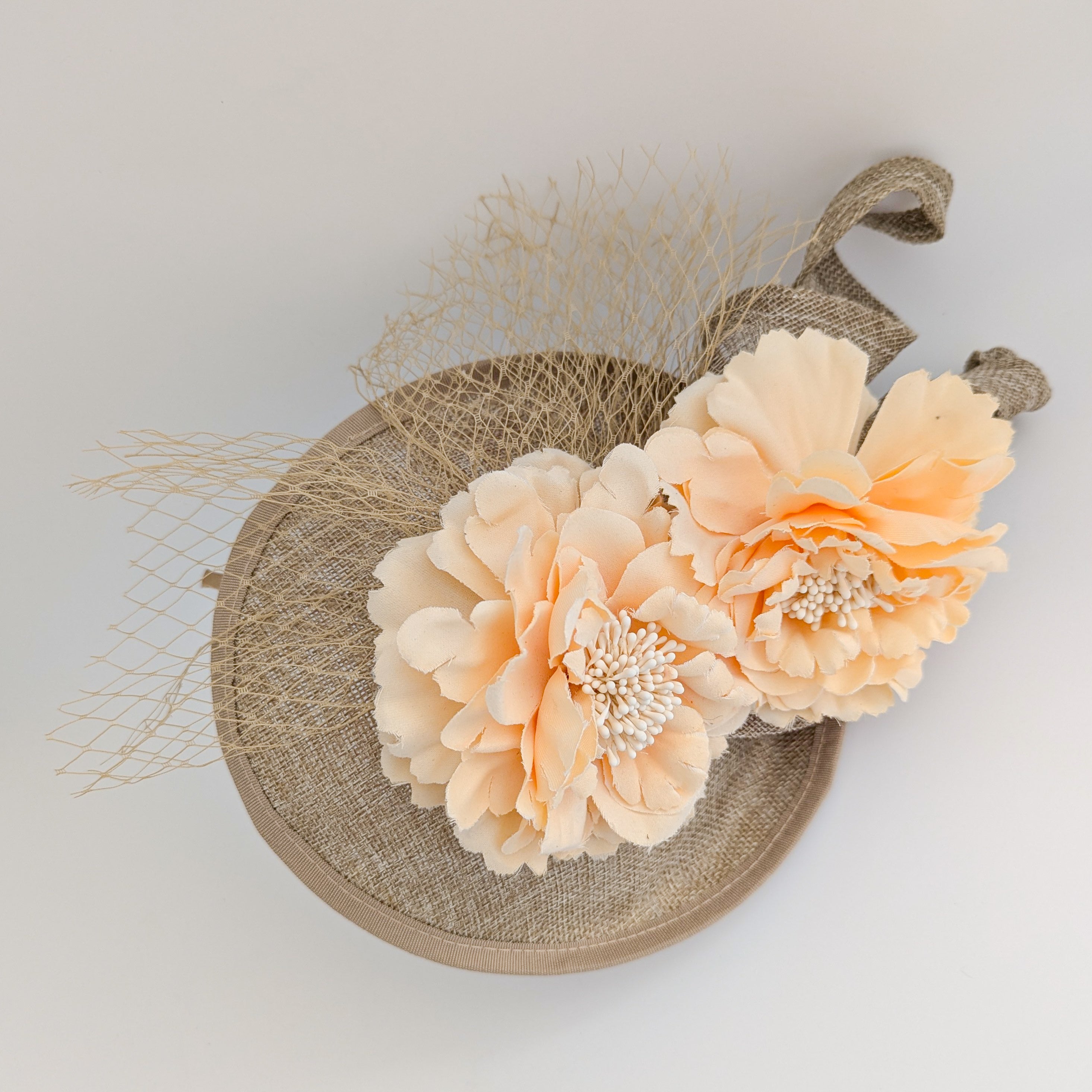 Caramel beige flower fascinator disc saucer hat