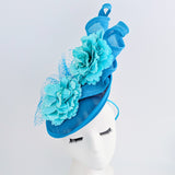 Sea blue flower fascinator disc saucer hat