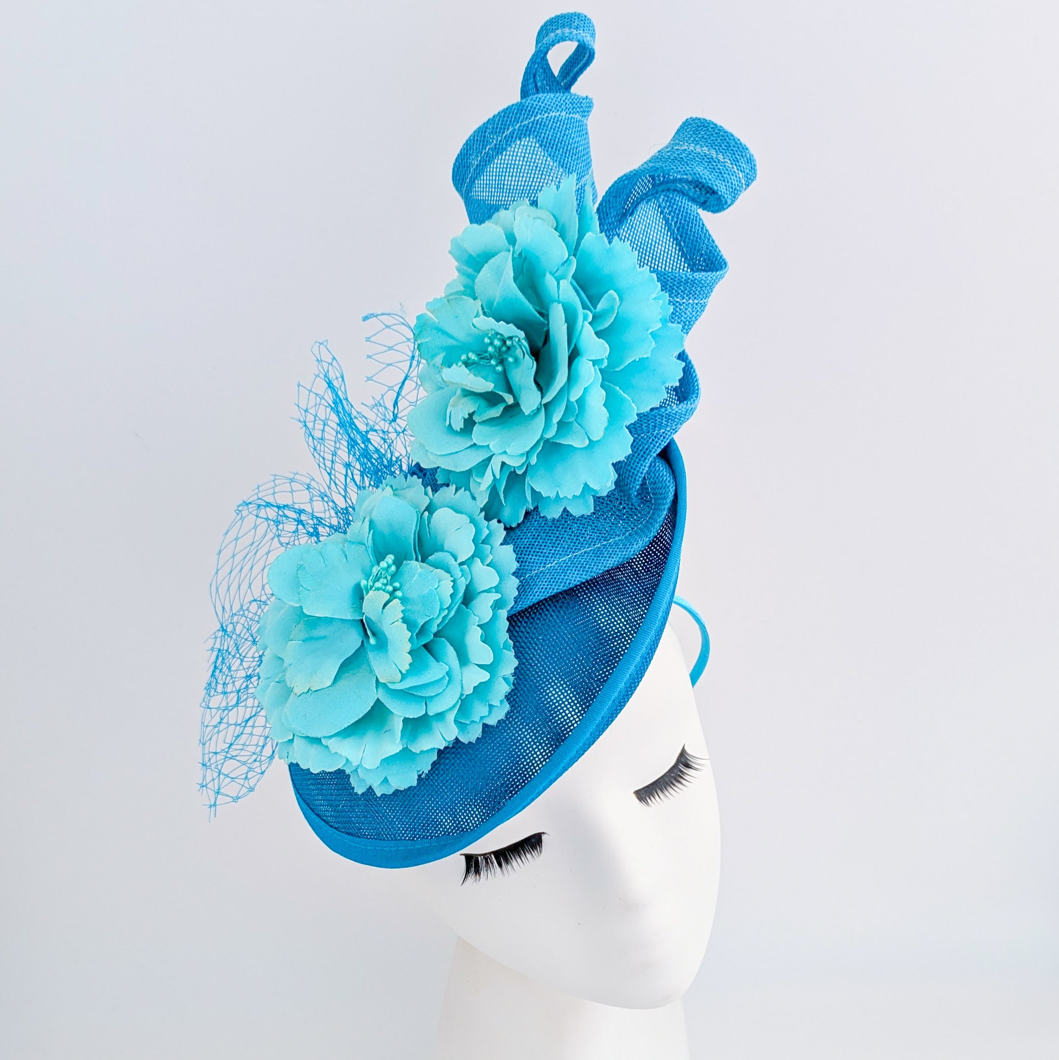 Sea blue flower fascinator disc saucer hat