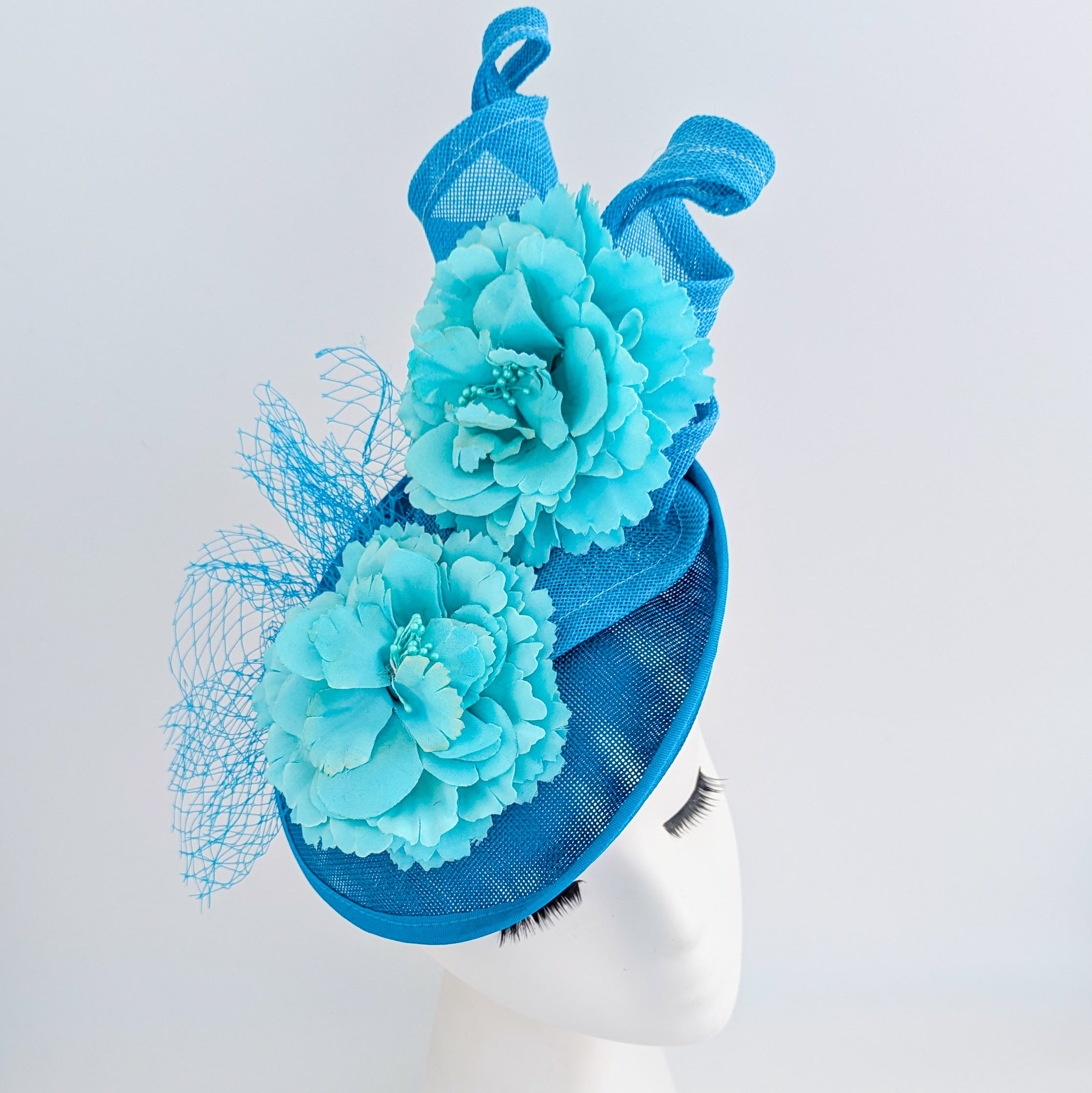 Sea blue flower fascinator disc saucer hat