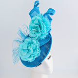 Sea blue flower fascinator disc saucer hat