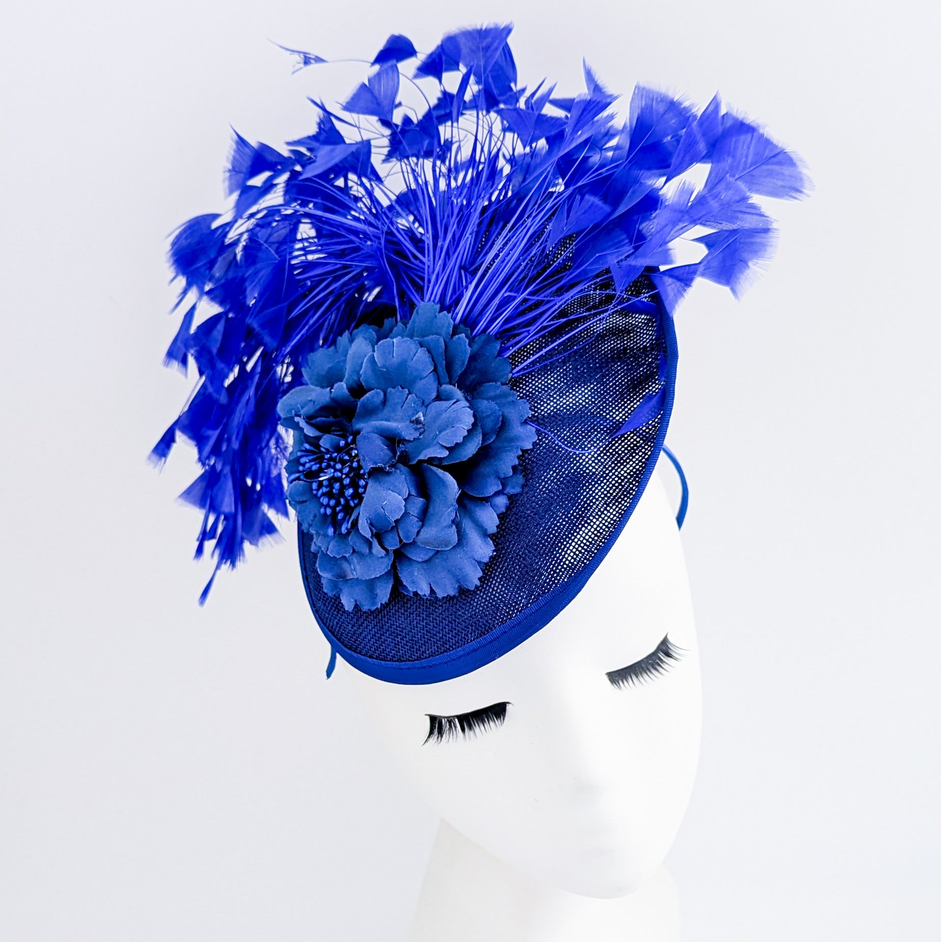 Royal cobalt blue flower feather disc saucer fascinator hat