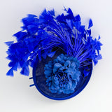 Royal cobalt blue flower feather disc saucer fascinator hat