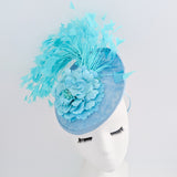 Light cornflower blue flower feather disc saucer fascinator hat