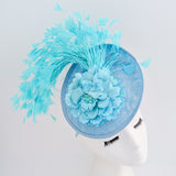Light cornflower blue flower feather disc saucer fascinator hat