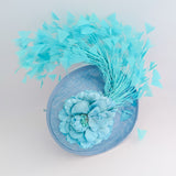Light cornflower blue flower feather disc saucer fascinator hat