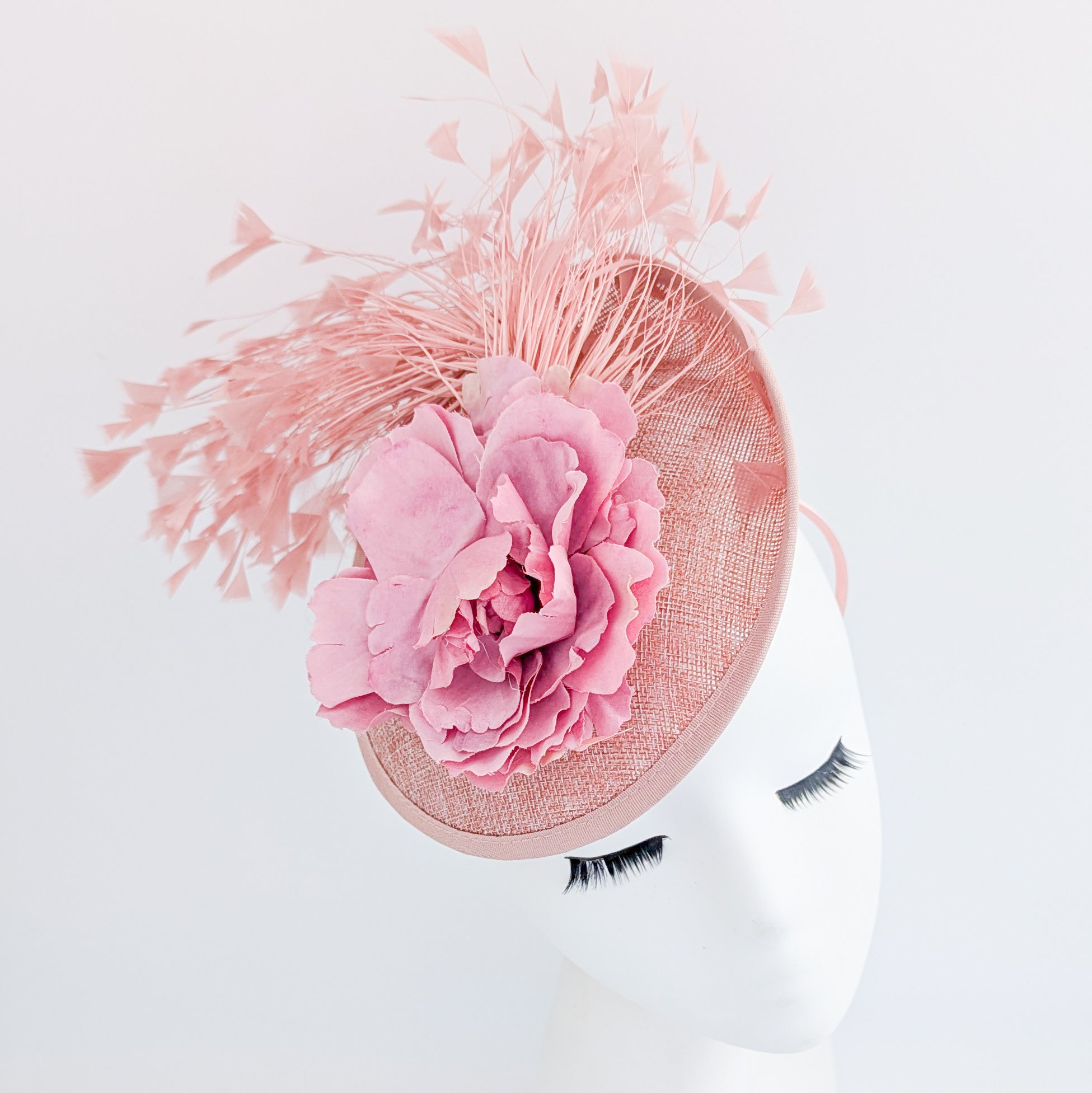 Blush pink flower feather disc saucer fascinator hat