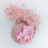 Blush pink flower feather disc saucer fascinator hat