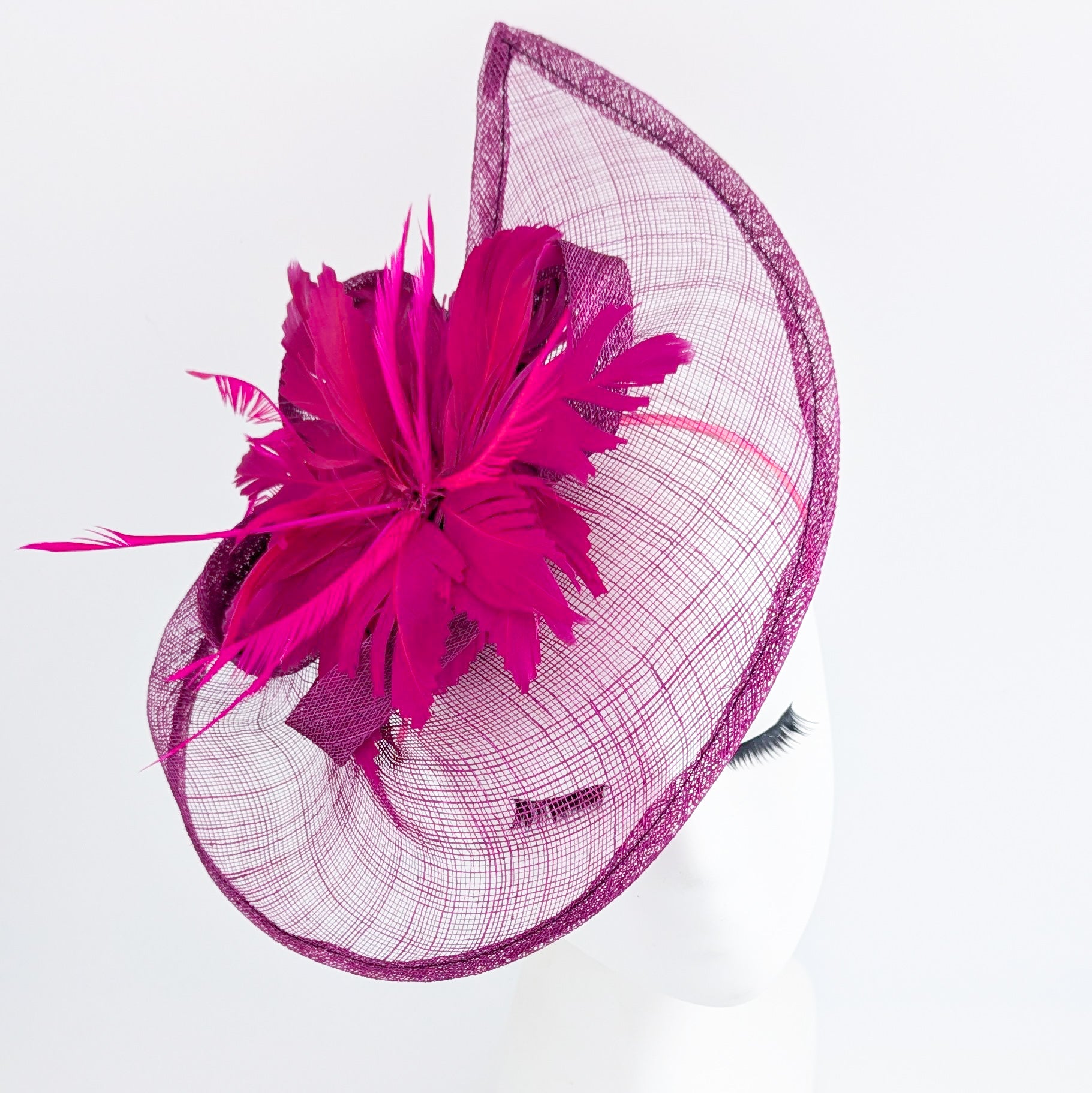 Magenta pink feather large teardrop fascinator hat