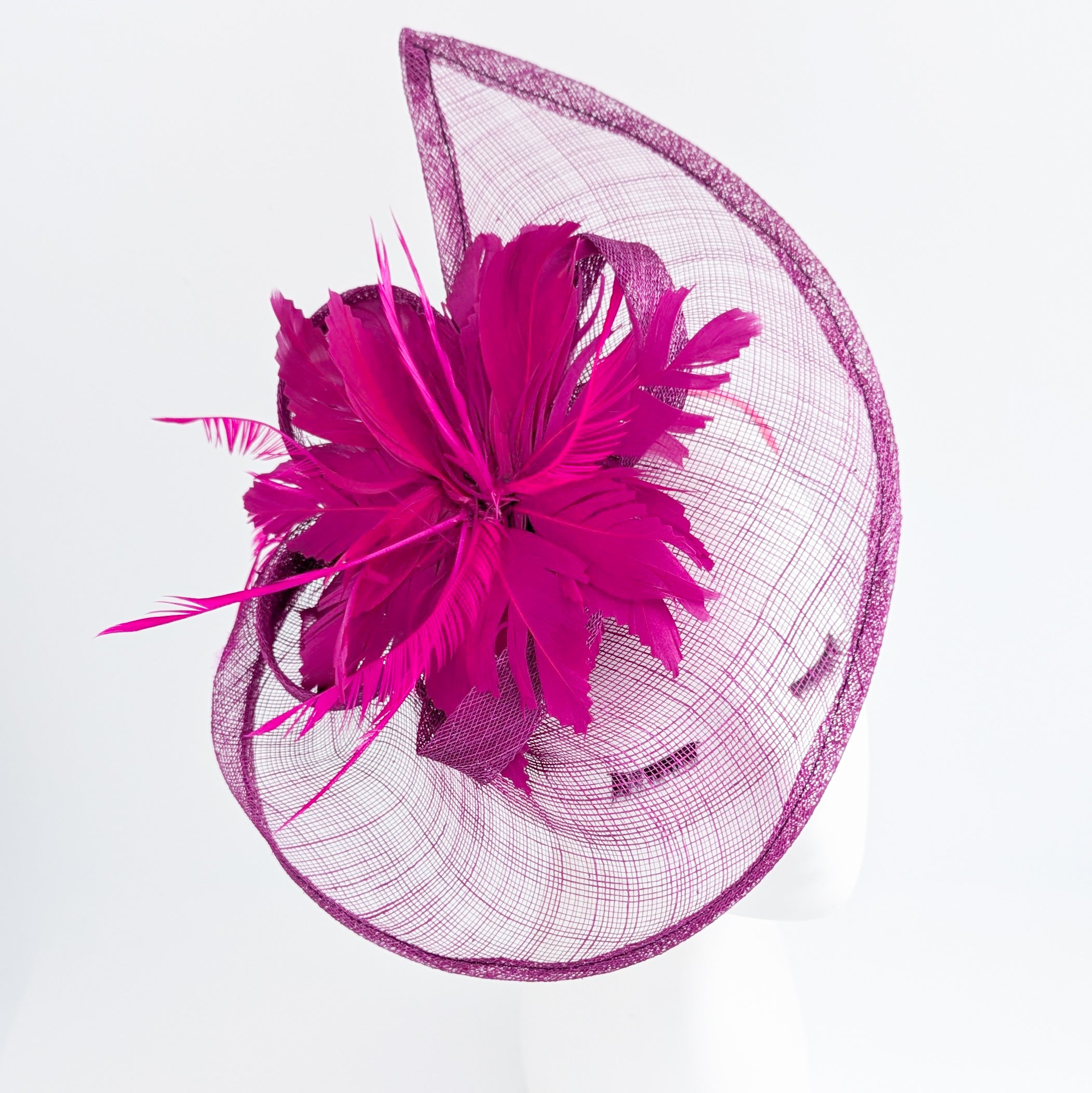 Magenta pink feather large teardrop fascinator hat