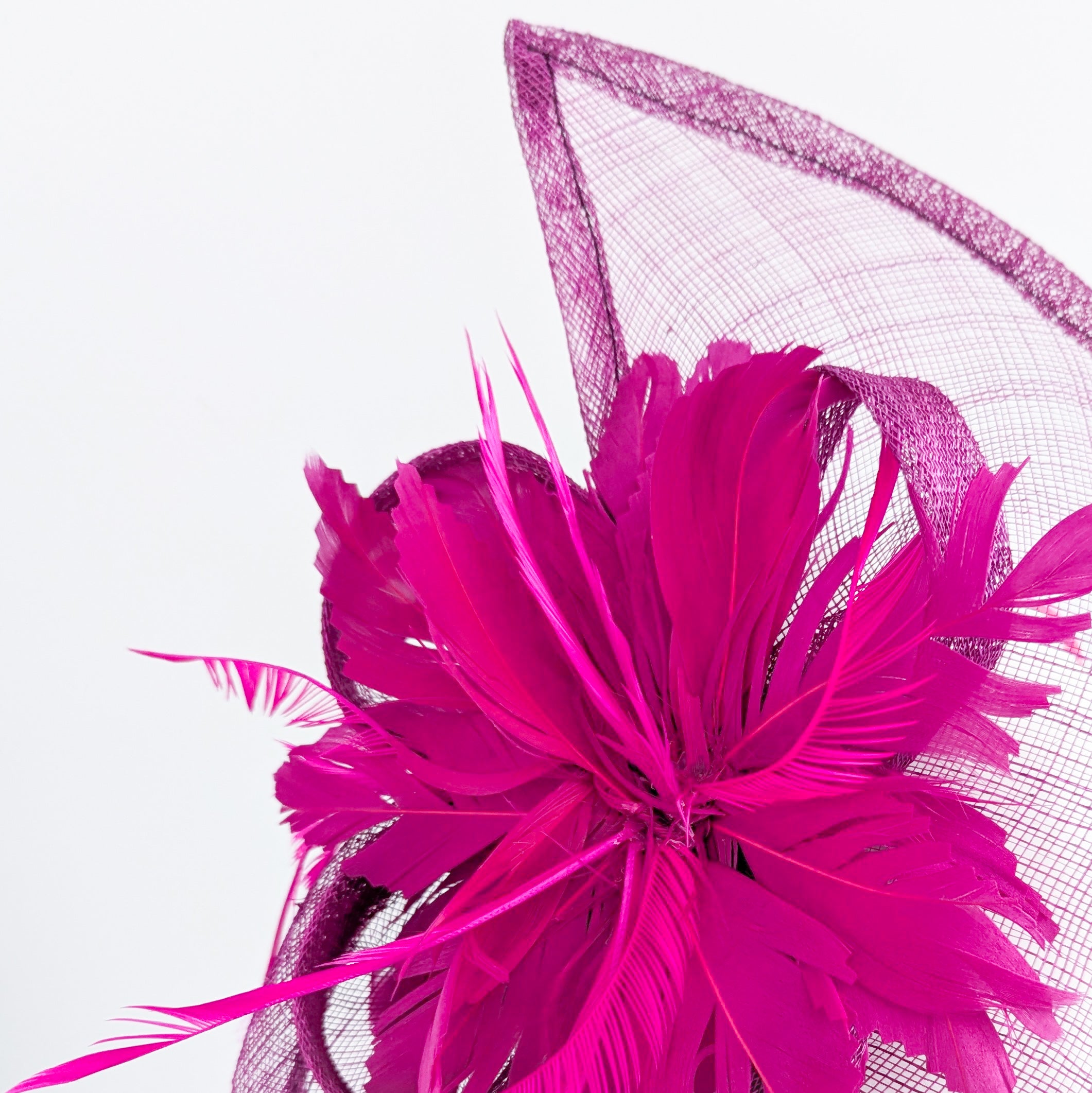 Magenta pink feather large teardrop fascinator hat