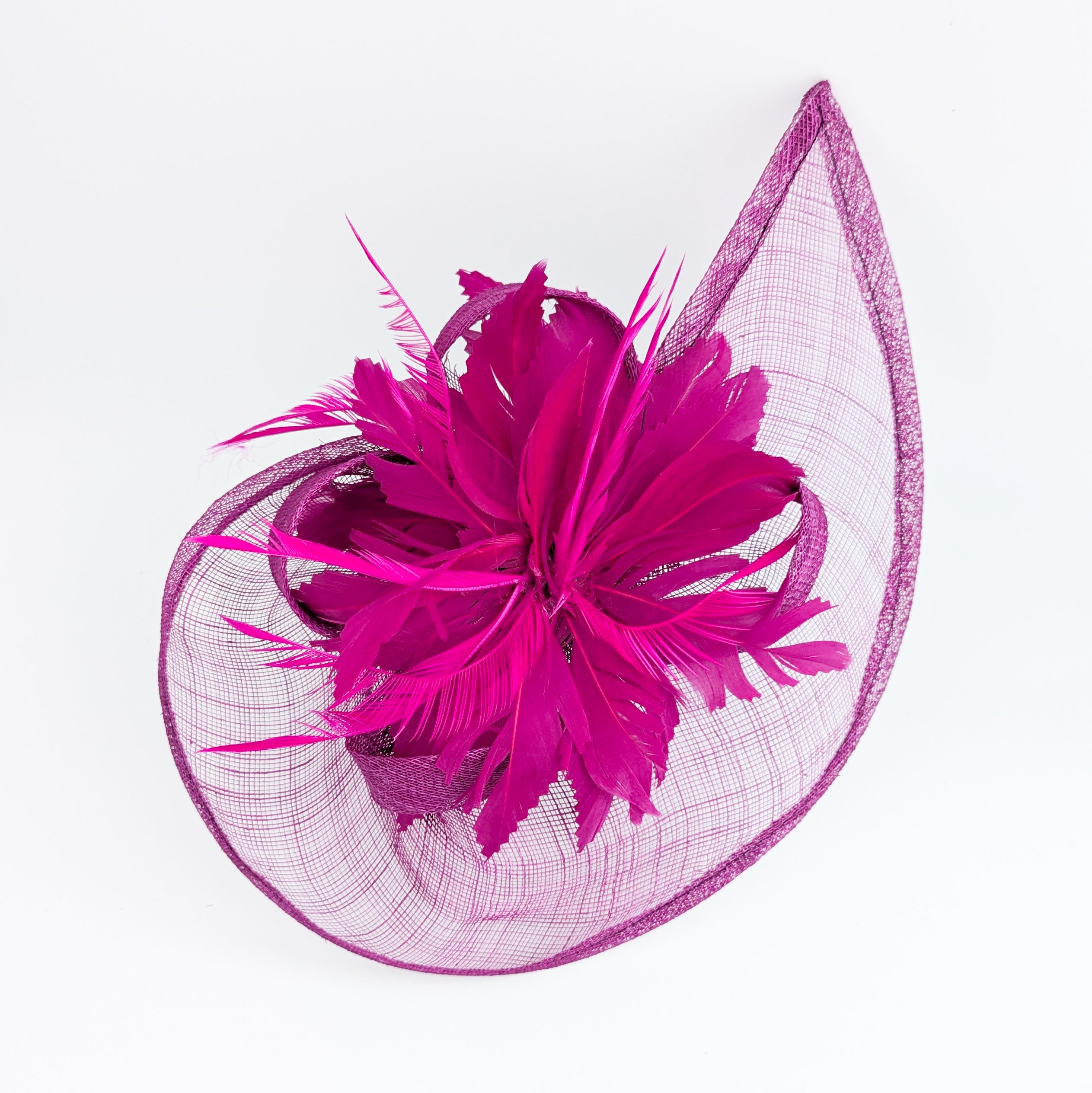 Magenta pink feather large teardrop fascinator hat