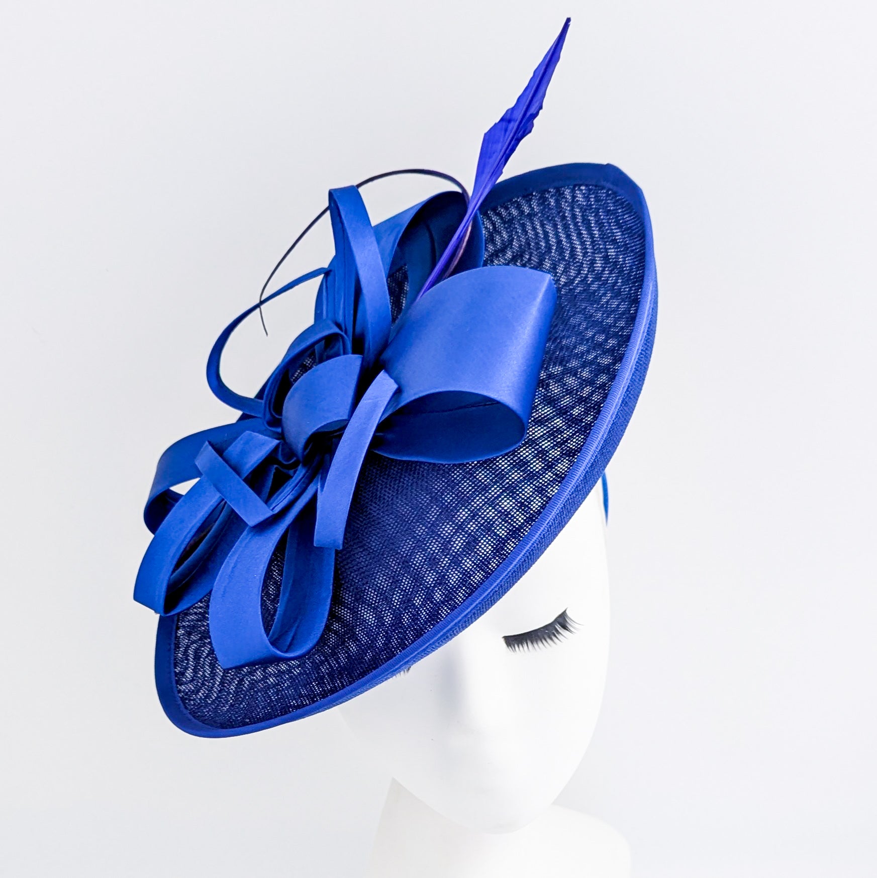 Royal cobalt blue feather large saucer disc fascinator hat