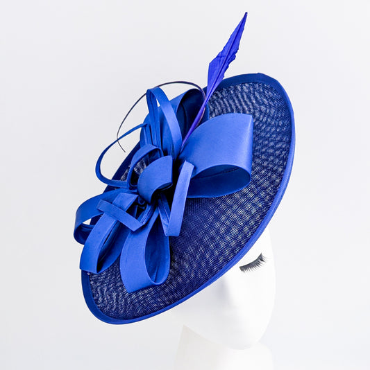 Royal cobalt blue feather large saucer disc fascinator hat