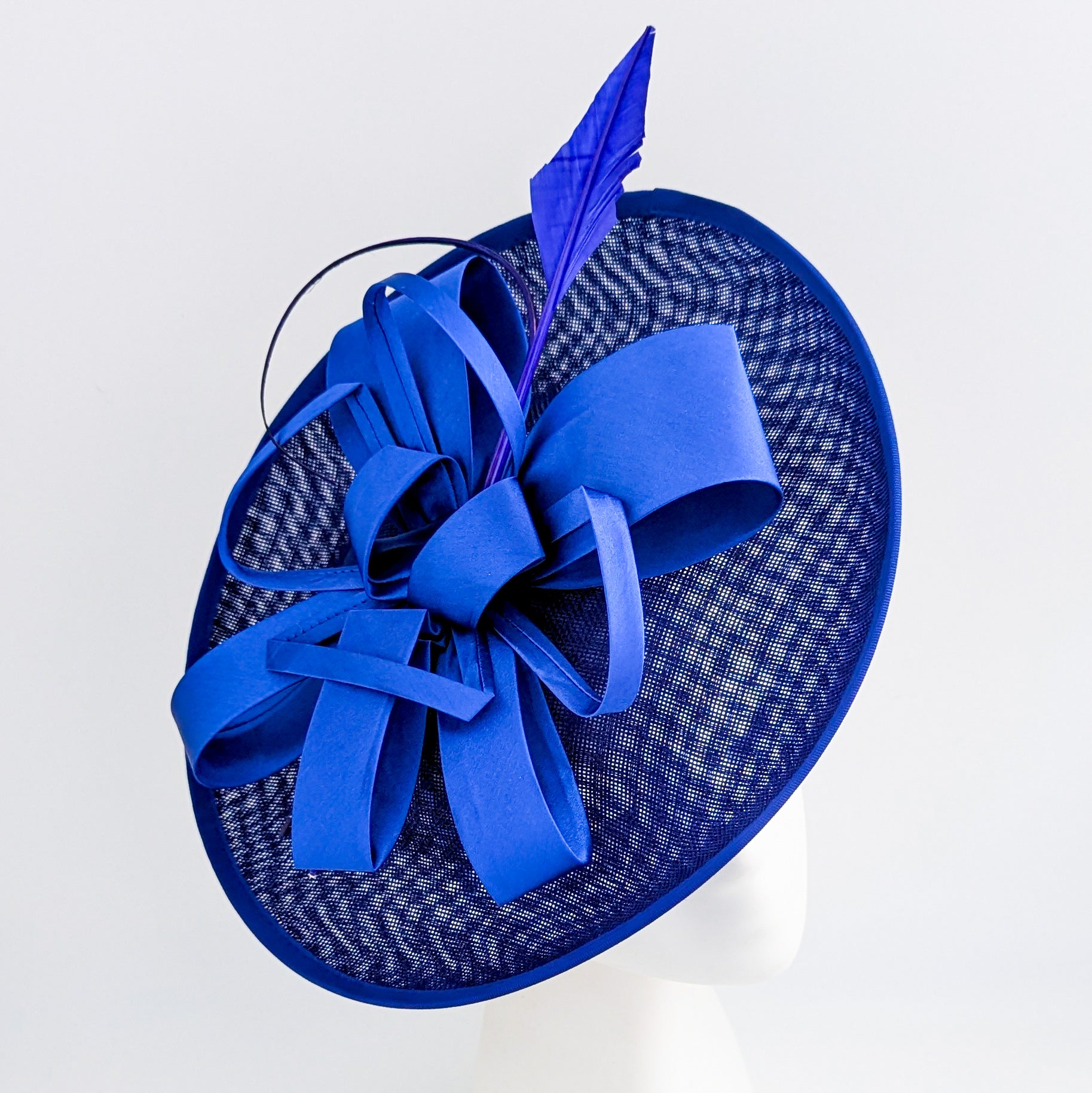 Royal cobalt blue feather large saucer disc fascinator hat