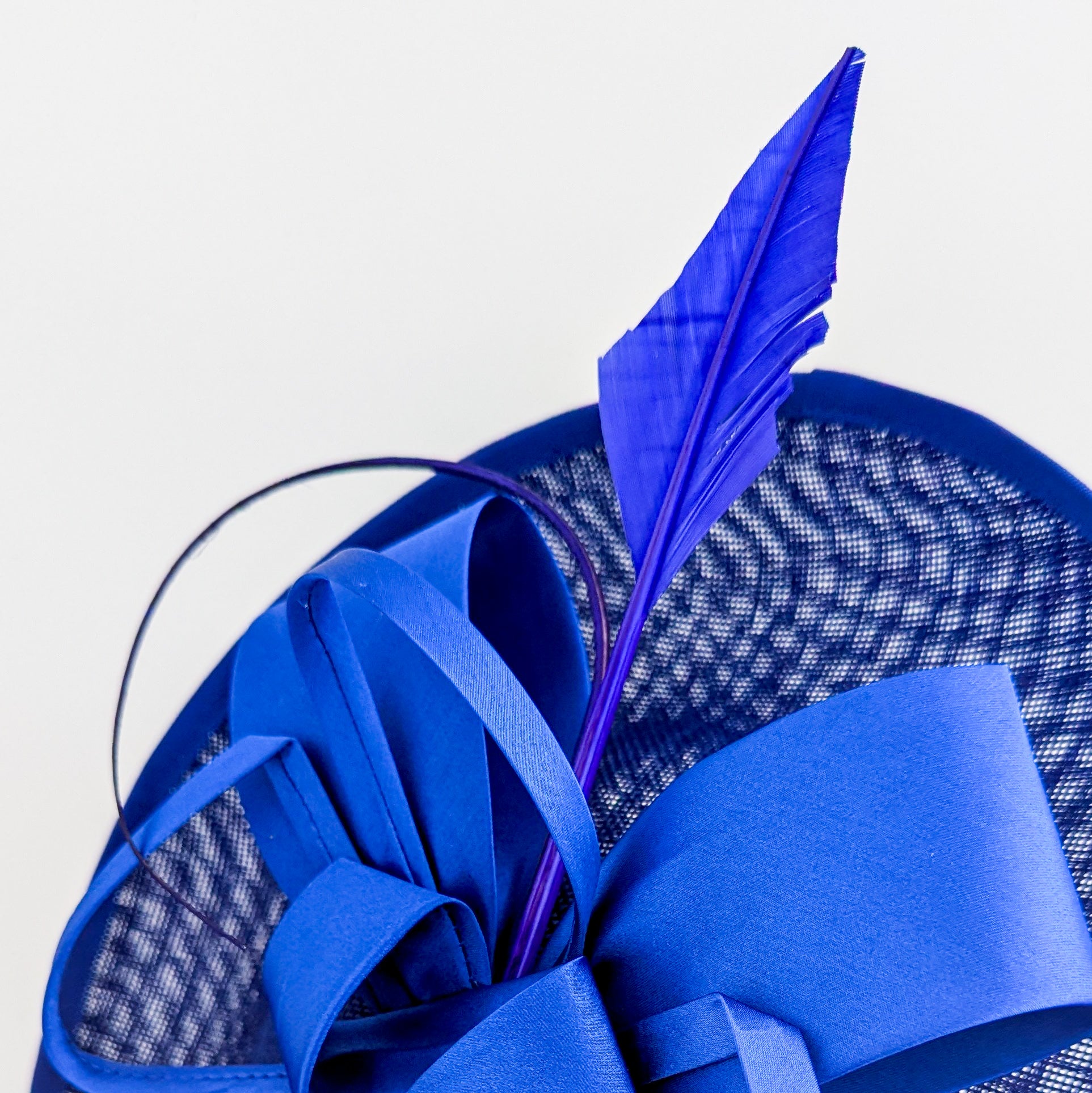 Royal cobalt blue feather large saucer disc fascinator hat