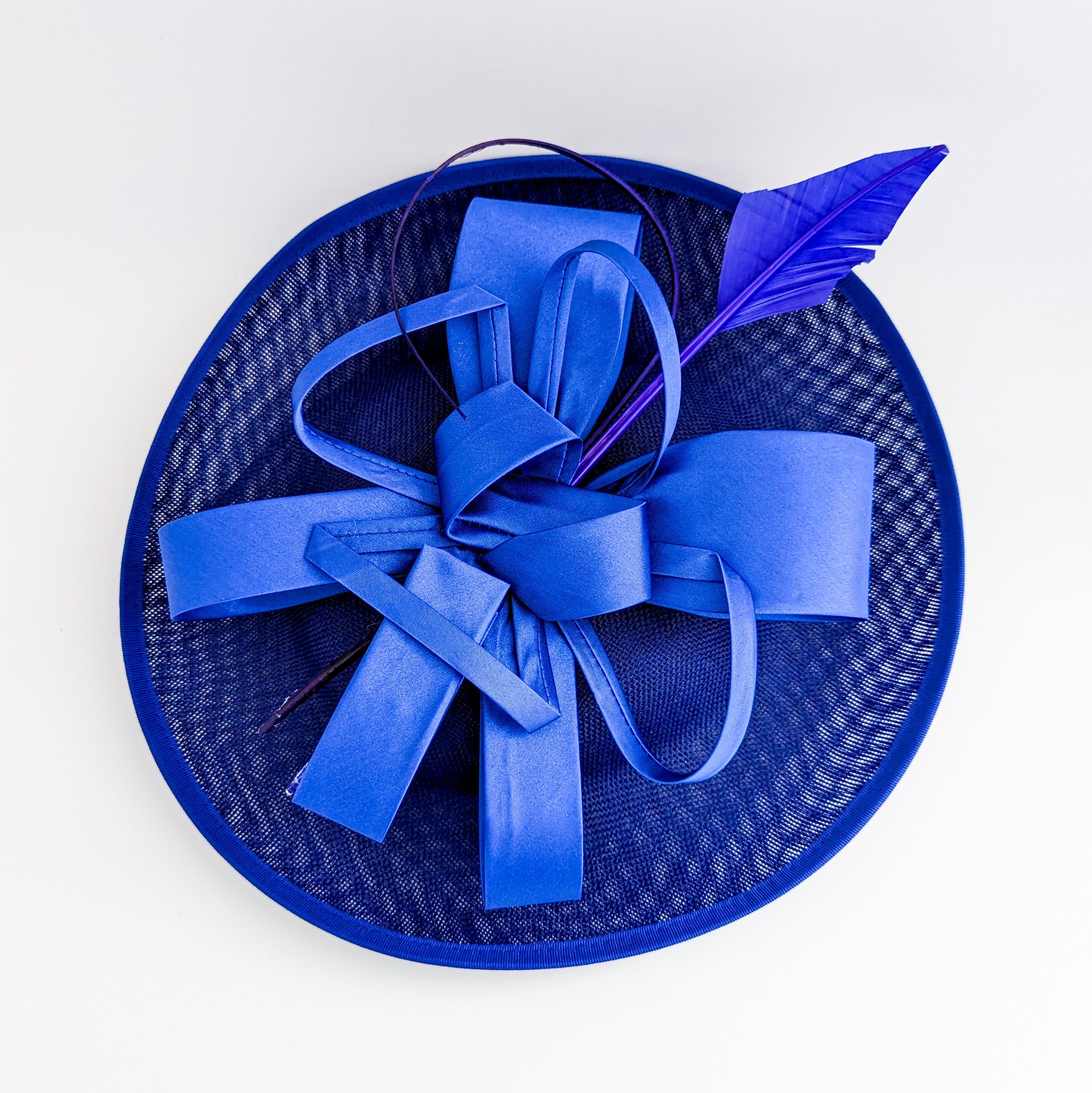 Royal cobalt blue feather large saucer disc fascinator hat