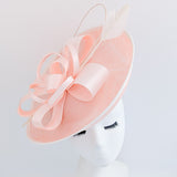 Light pink feather large saucer disc fascinator hat