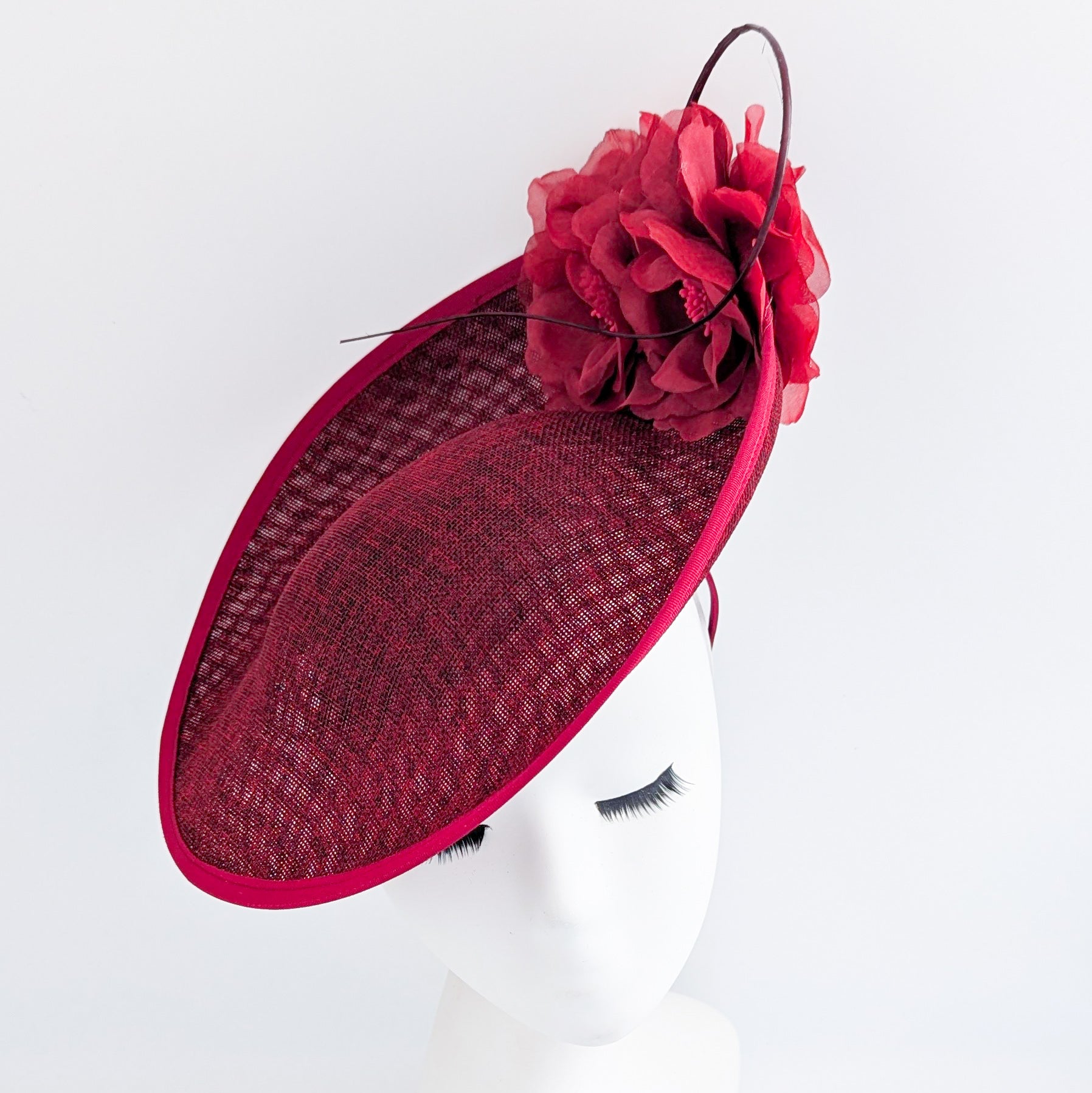 Burgundy large flower saucer disc fascinator hat