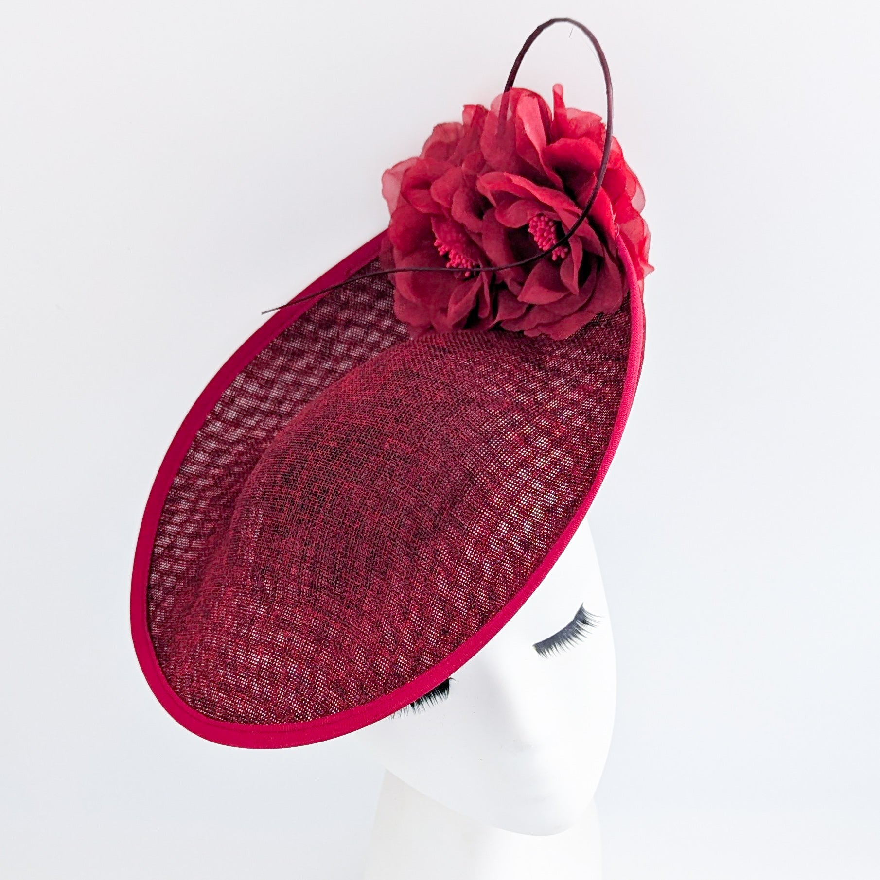 Burgundy large flower saucer disc fascinator hat