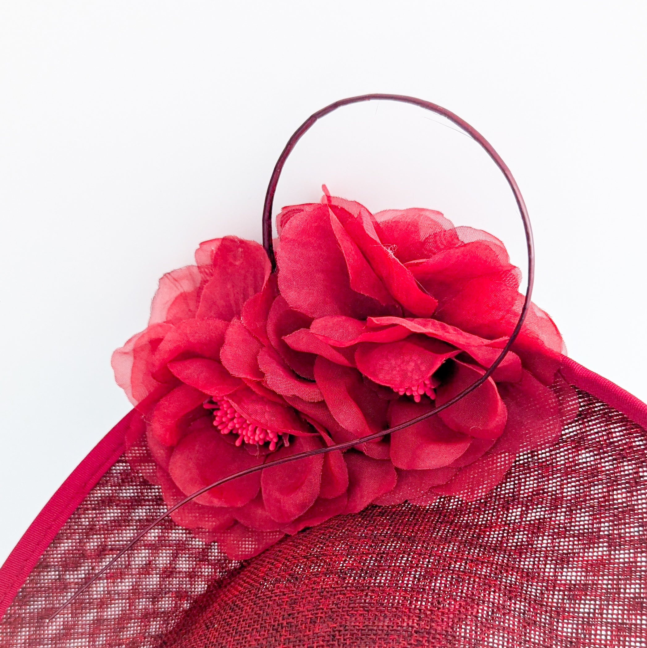 Burgundy large flower saucer disc fascinator hat
