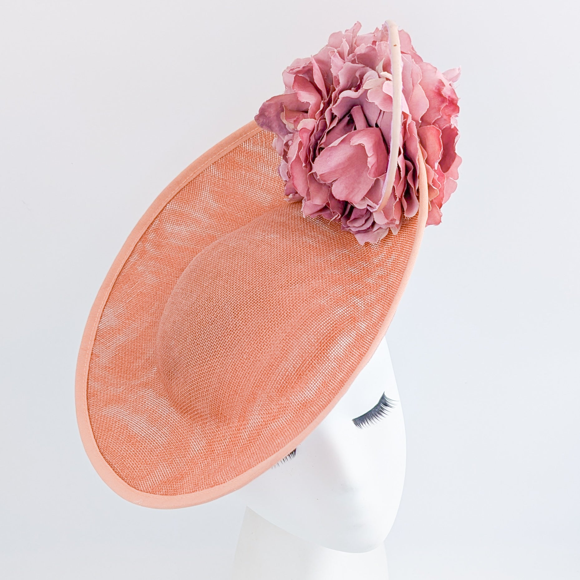 Terracotta dusty pink large flower saucer disc fascinator hat