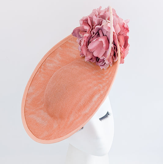 Terracotta dusty pink large flower saucer disc fascinator hat