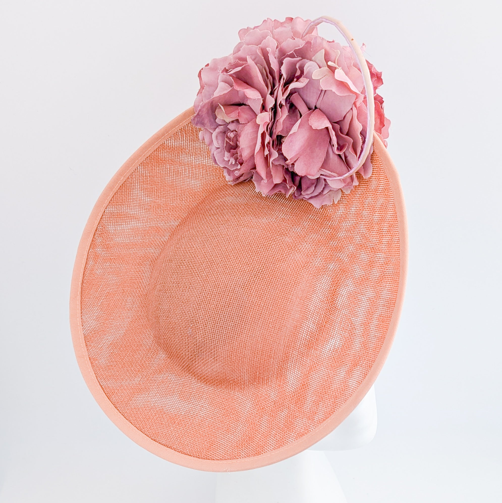 Terracotta dusty pink large flower saucer disc fascinator hat