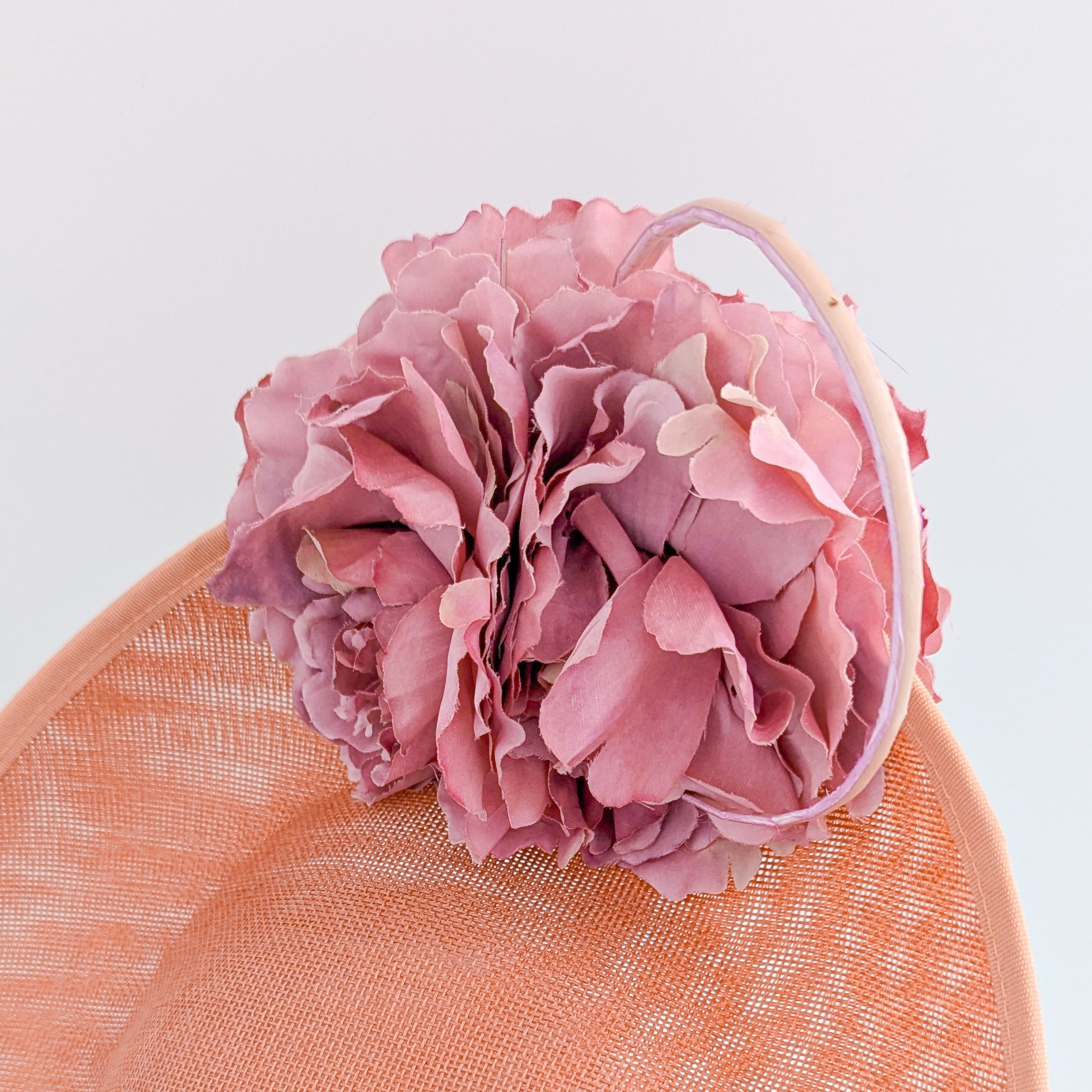 Terracotta dusty pink large flower saucer disc fascinator hat