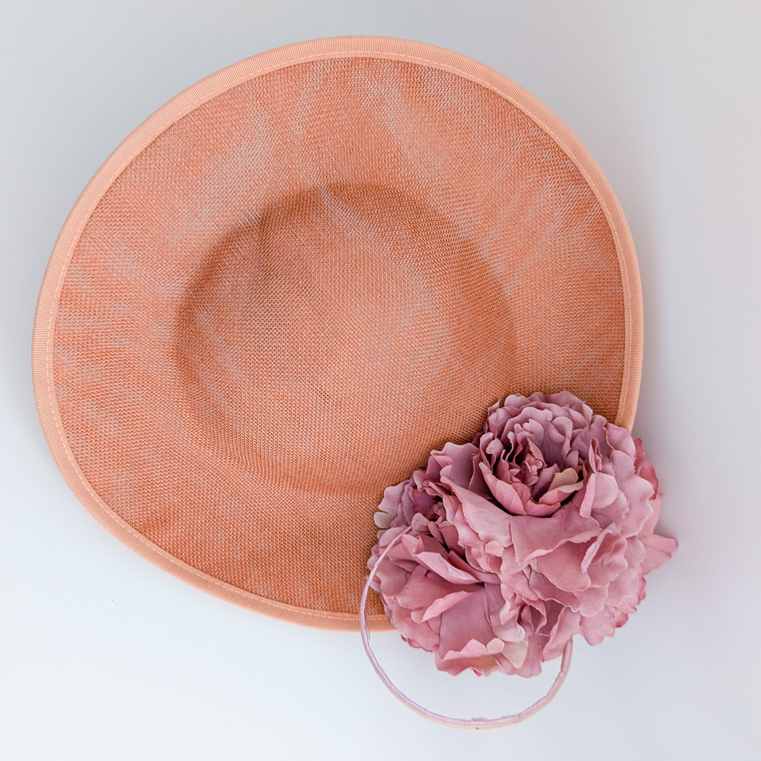 Terracotta dusty pink large flower saucer disc fascinator hat