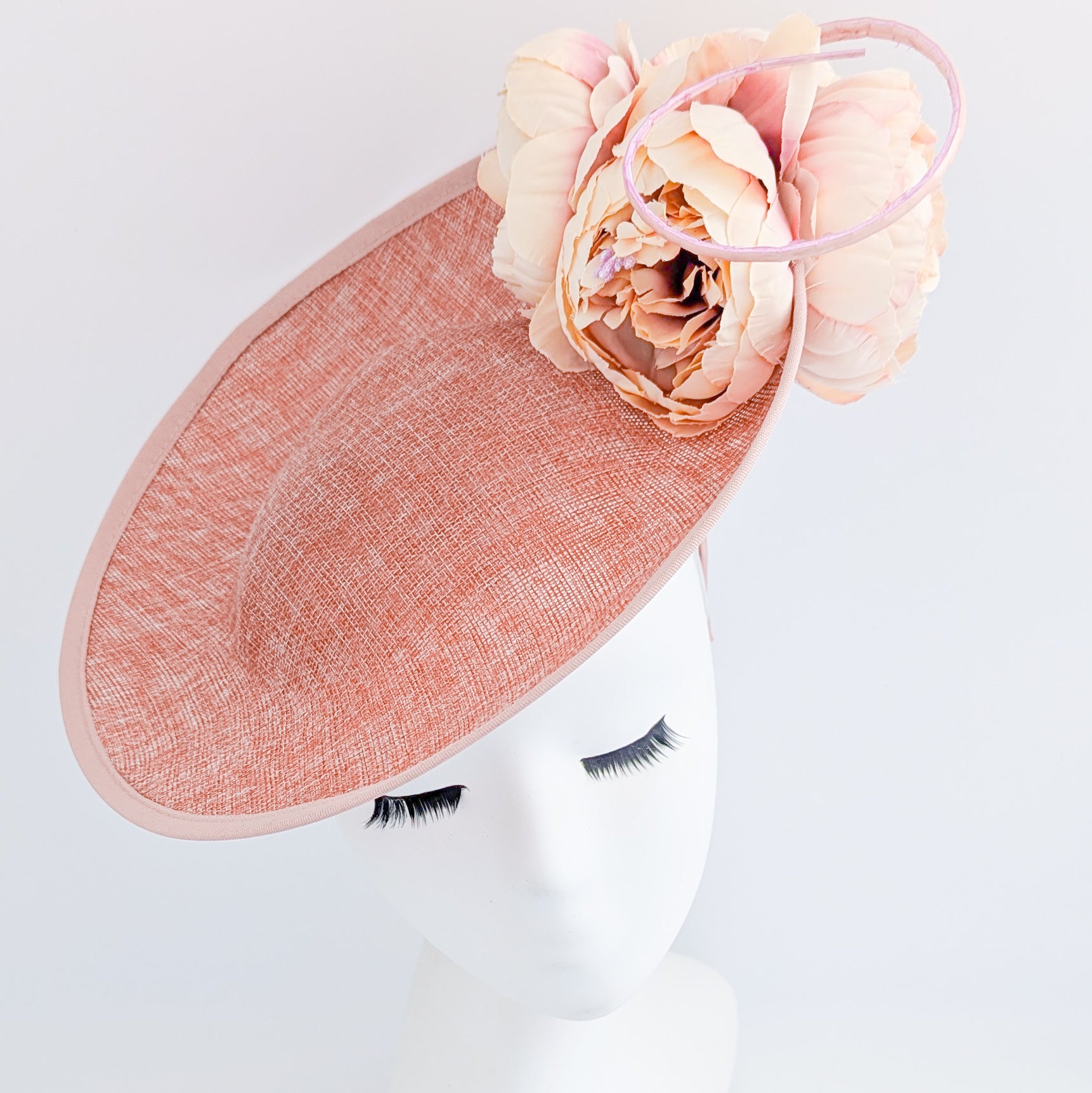 Blush pink large flower saucer disc fascinator hat