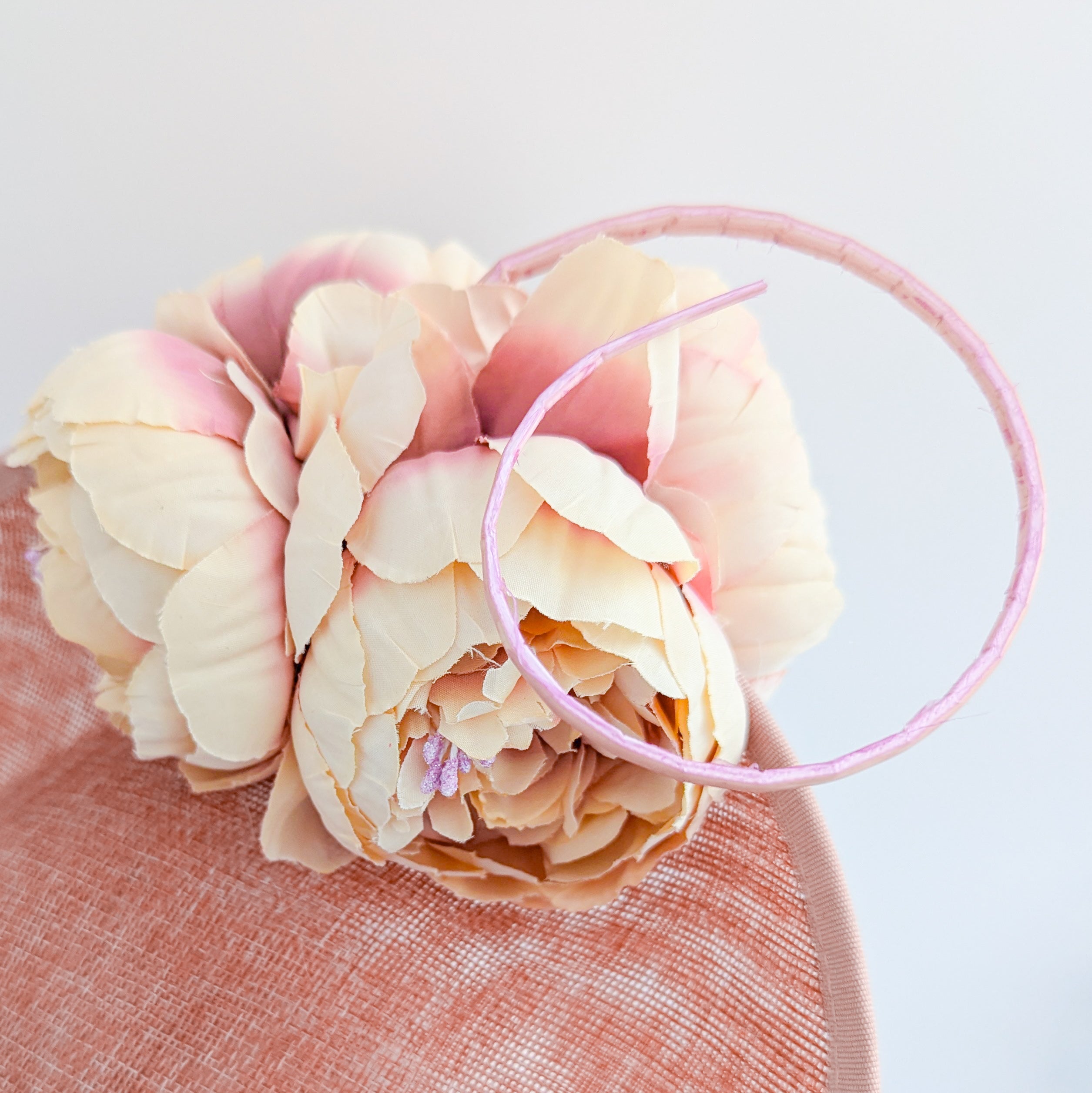 Blush pink large flower saucer disc fascinator hat