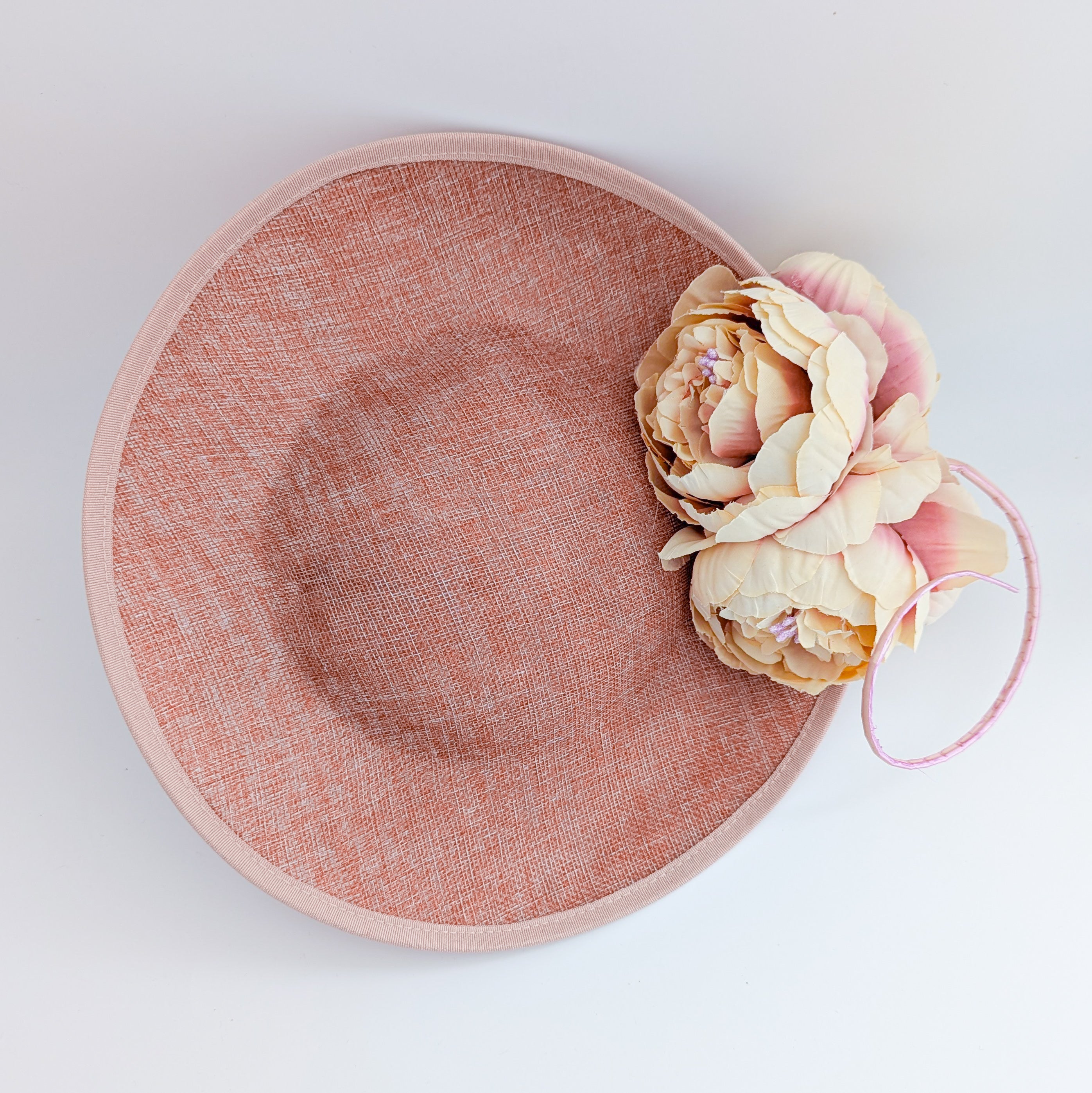 Blush pink large flower saucer disc fascinator hat