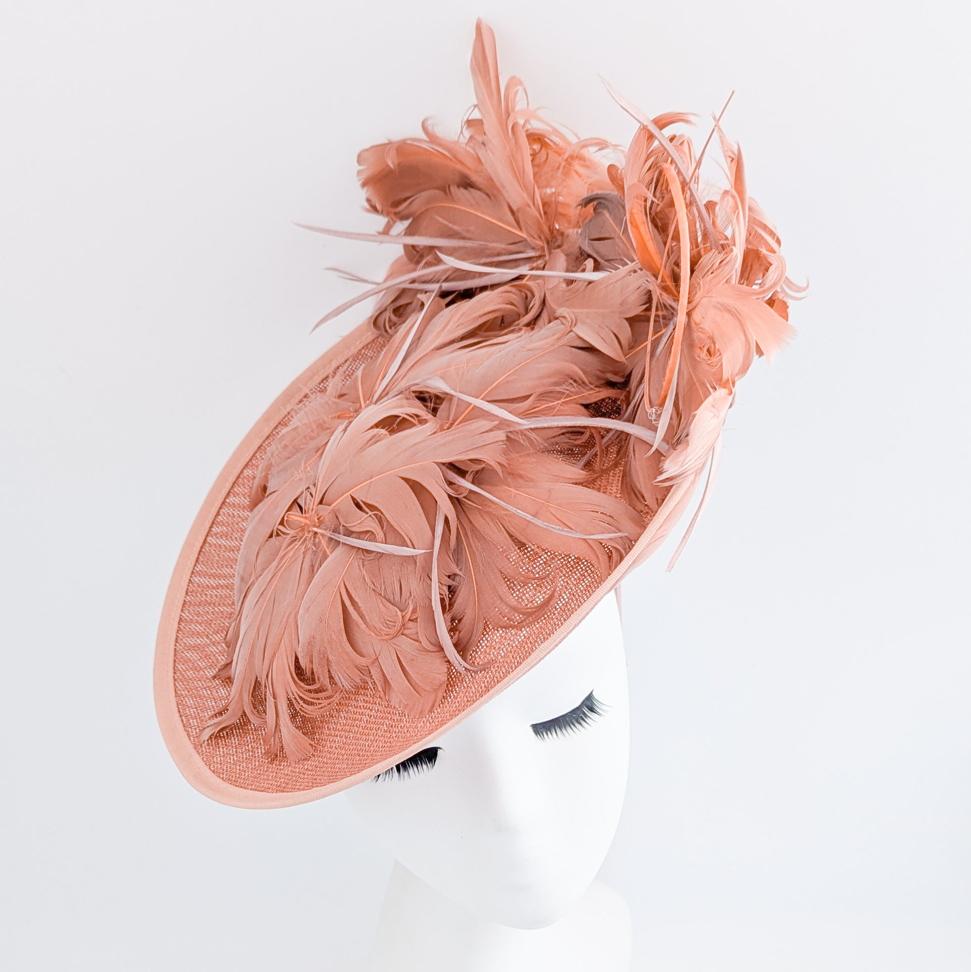 Terracotta dusty pink large feather saucer disc fascinator hat